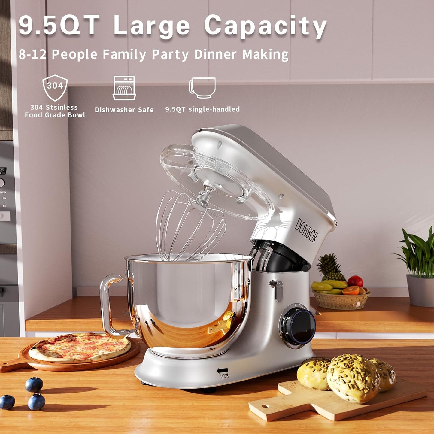 DOBBOR Electric Stand mixer, 9.5QT 660W 6 Speeds Tilt-Head Dough Mixers, Bread Mixer with Dough Hook, Whisk, Beater, Splash Guard for Baking Bread, Cake, Cookie, Pizza, Muffin, Salad and More - Sliver