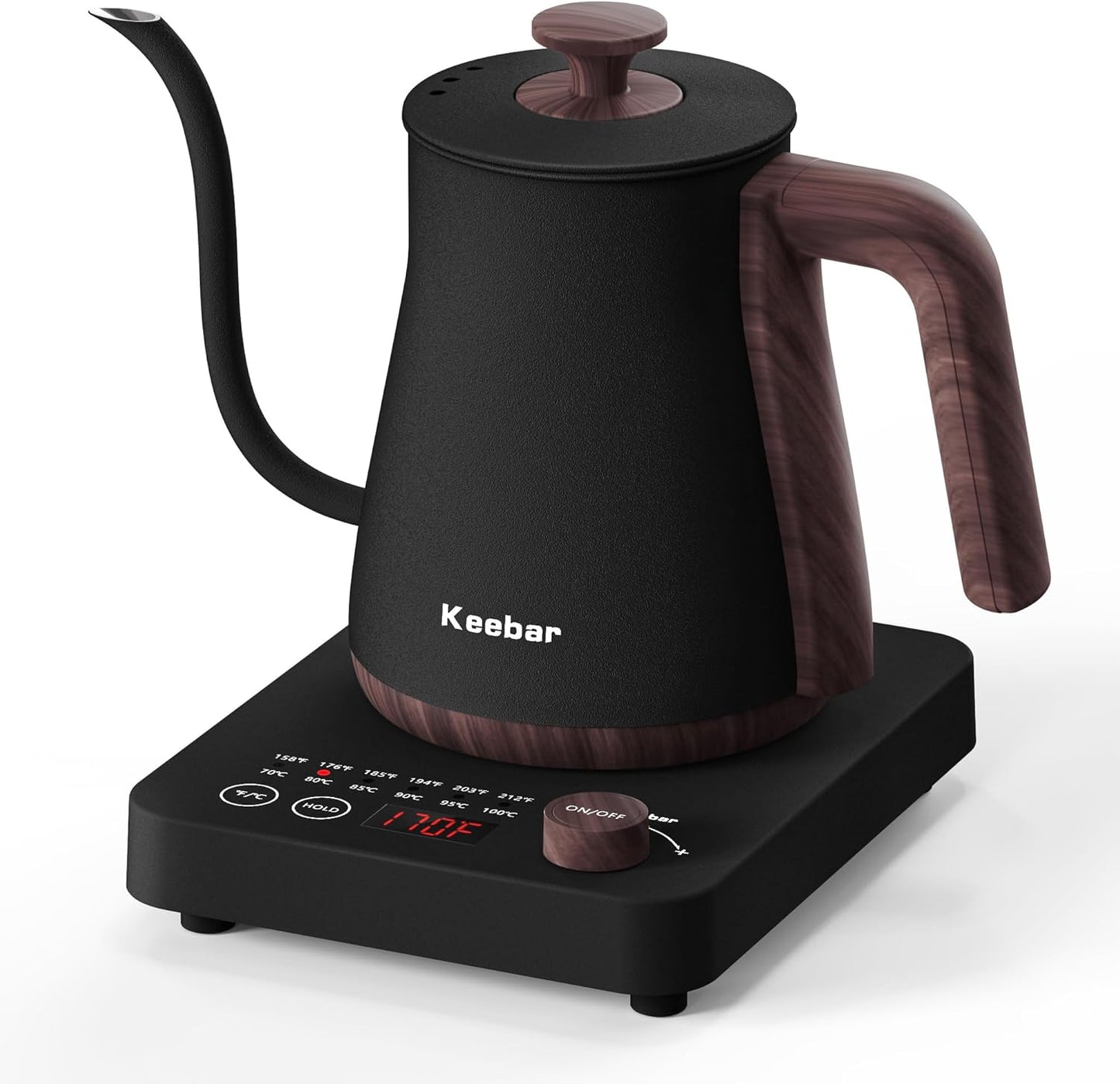Electric Kettle, Electric Gooseneck Kettle with 6 Temperature Control Presets and LED Display, 0.8L/27.05oz, 0.8mm Ultra-Fine Spout, 304 Stainless Steel Inner, 1000W Gooseneck Kettle, Matte Black