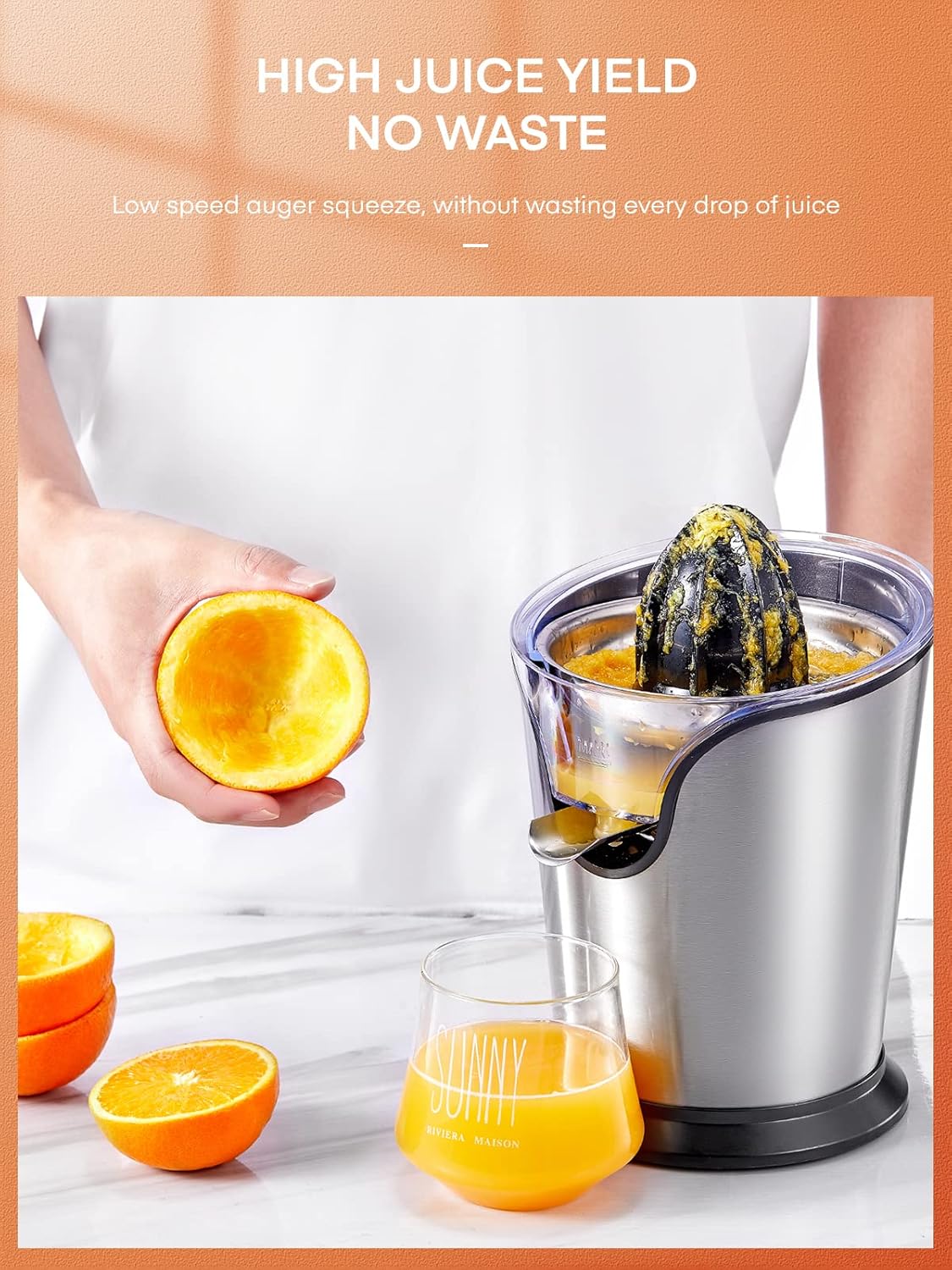 FOHERE Orange Juicer Squeezer Electric Citrus Juicer with Two Interchangeable Cones Suitable for orange, lemon and Grapefruit, Brushed Stainless Steel