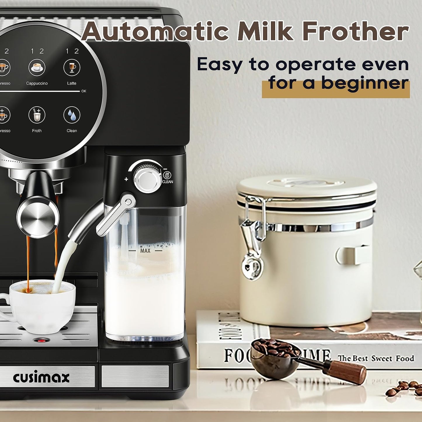 CUSIMAX Expresso Coffee Maker with Milk Frother, Cappuccino Machine Makes Espresso, Cappuccino, and Lattes with One-Touch Ease, and the Manual Mode Makes Creative Coffees with Cleaning Function