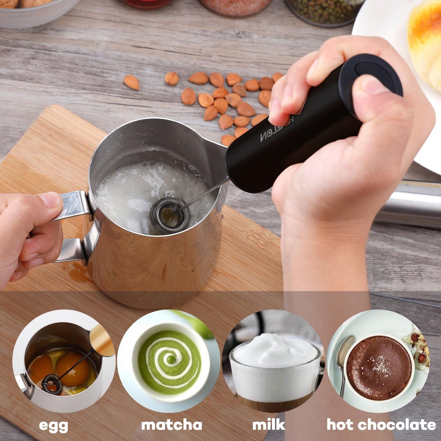 Rechargeable Milk Frother, Electric Coffee Foamer, Handheld Drink Mixer for Latte, Cappuccino, Coffee, Eggs, Hot Chocolate, Protein,Paint Black