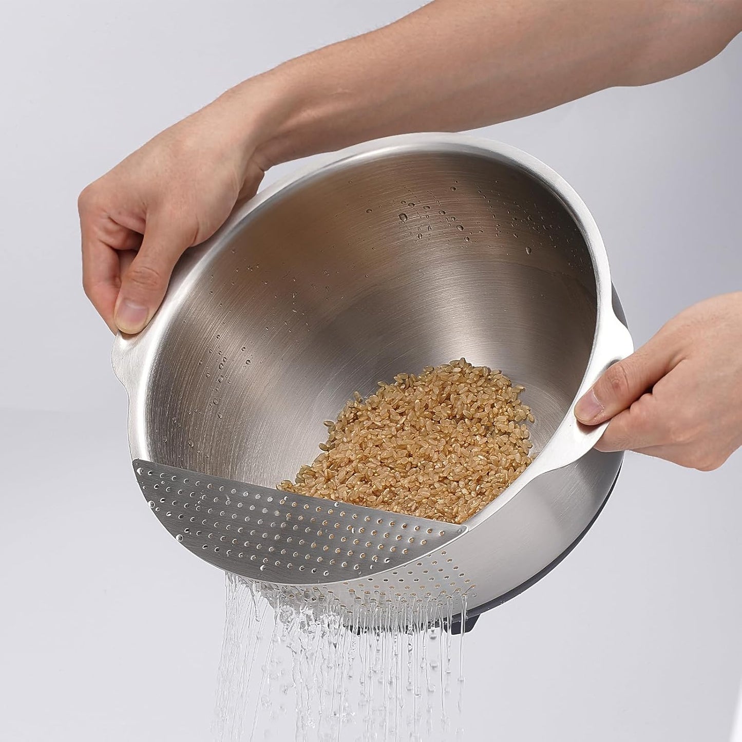 18/10 Stainless Steel Rice Strainer Washer Bowl Versatile Good Grips Colander Tiltable Side Drainers for Washing Cleaning Rinsing Fruits, Vegetables, and Beans - Non-slip Silicone Bottom
