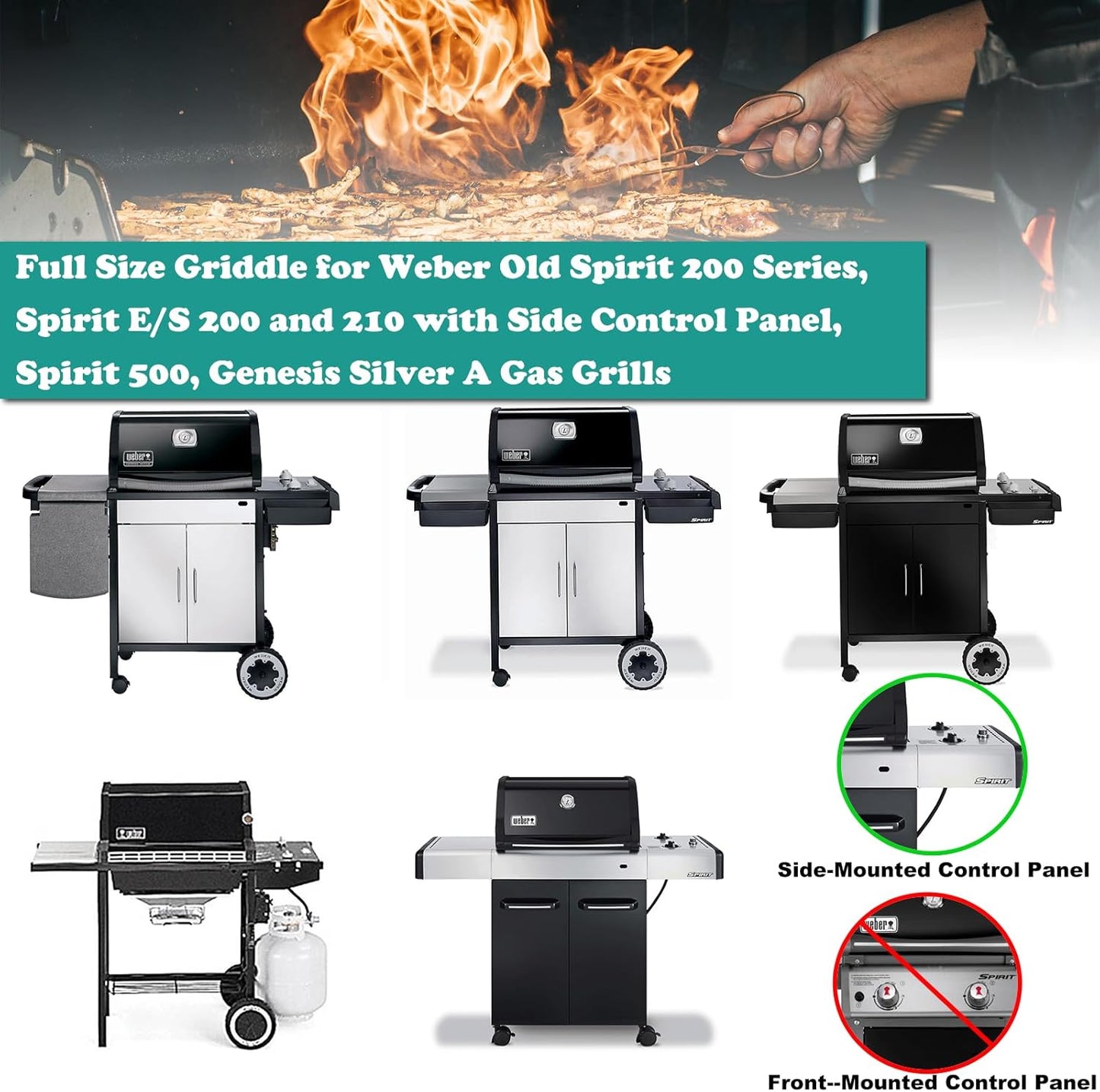 Full Size Griddle for Weber Old Spirit 200 Series, Flat Top Griddle for Spirit E/S 200 & 210 with Side Control Panel, Spirit 500, Genesis Silver A Gas Grills, Replace for 7521 7522 7523 65904 65905