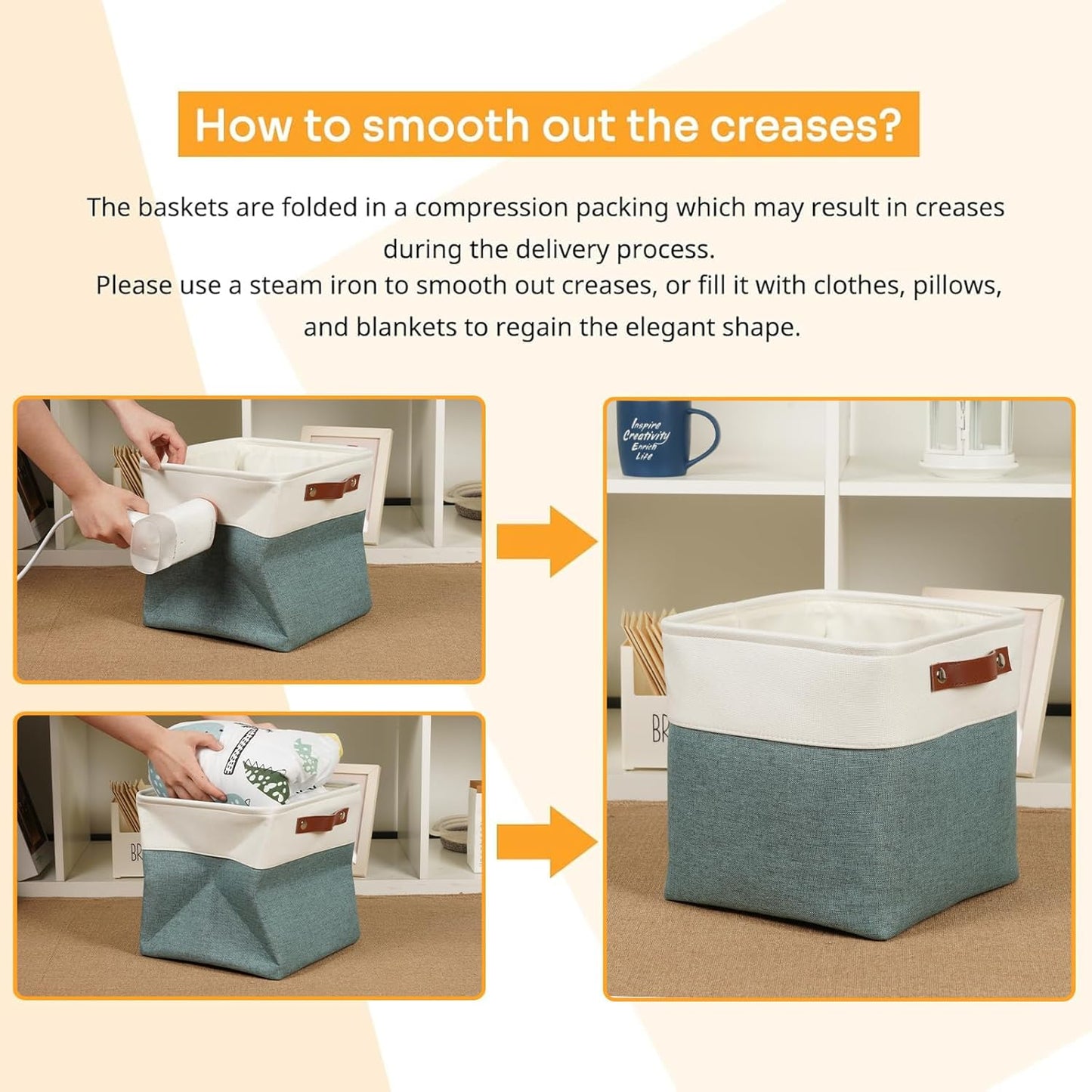 DULLEMELO 11x11 Cube Storage Bins for Organizer, Foldable Cube Storage Bins for Organizing Home Office Closet Shelves, Fabric Cube Baskets for Home Organization(4 Pack - White&Deep Green)