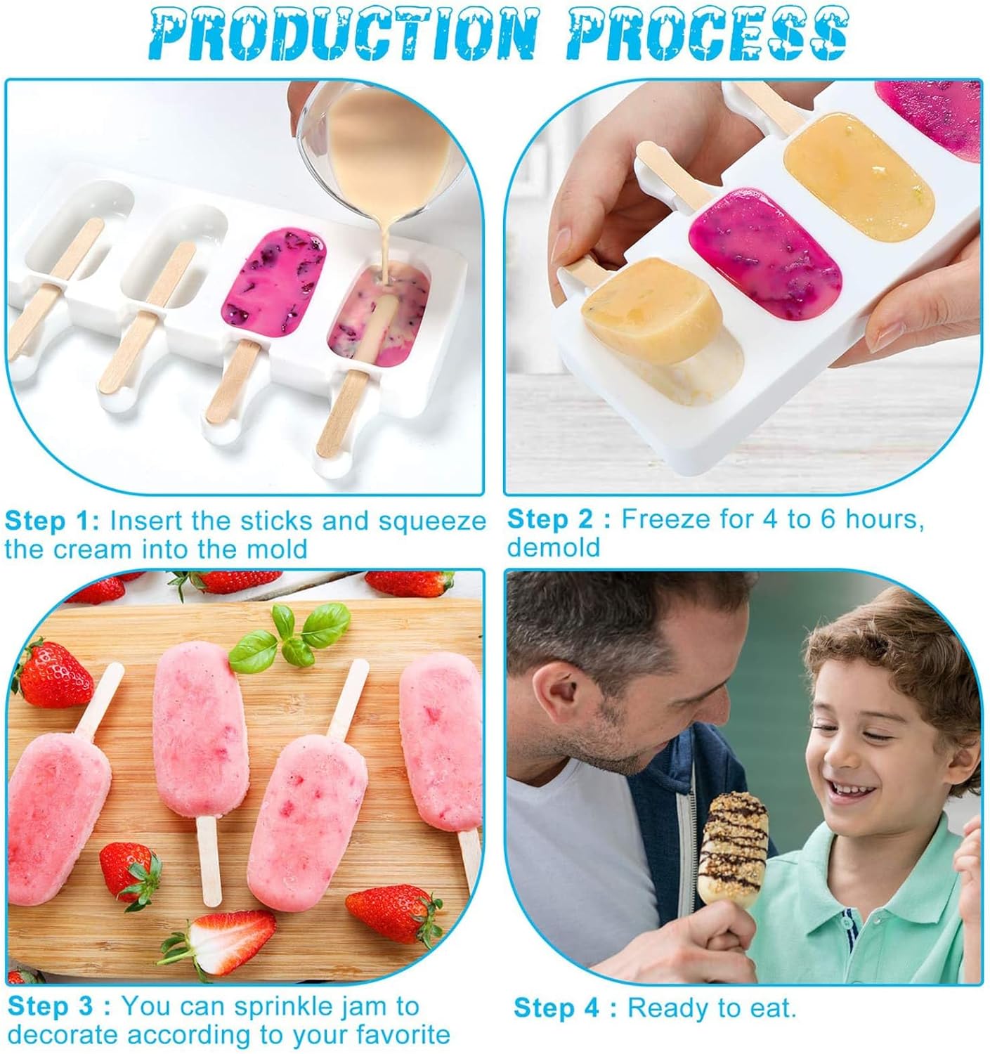 2 Small Mini Popsicles Molds, Cakesicle Molds Silicone Cake Pop Mold 4 Cavities With 100 Wooden Sticks & 100 Parcel Bags DIY Ice Cream Mold