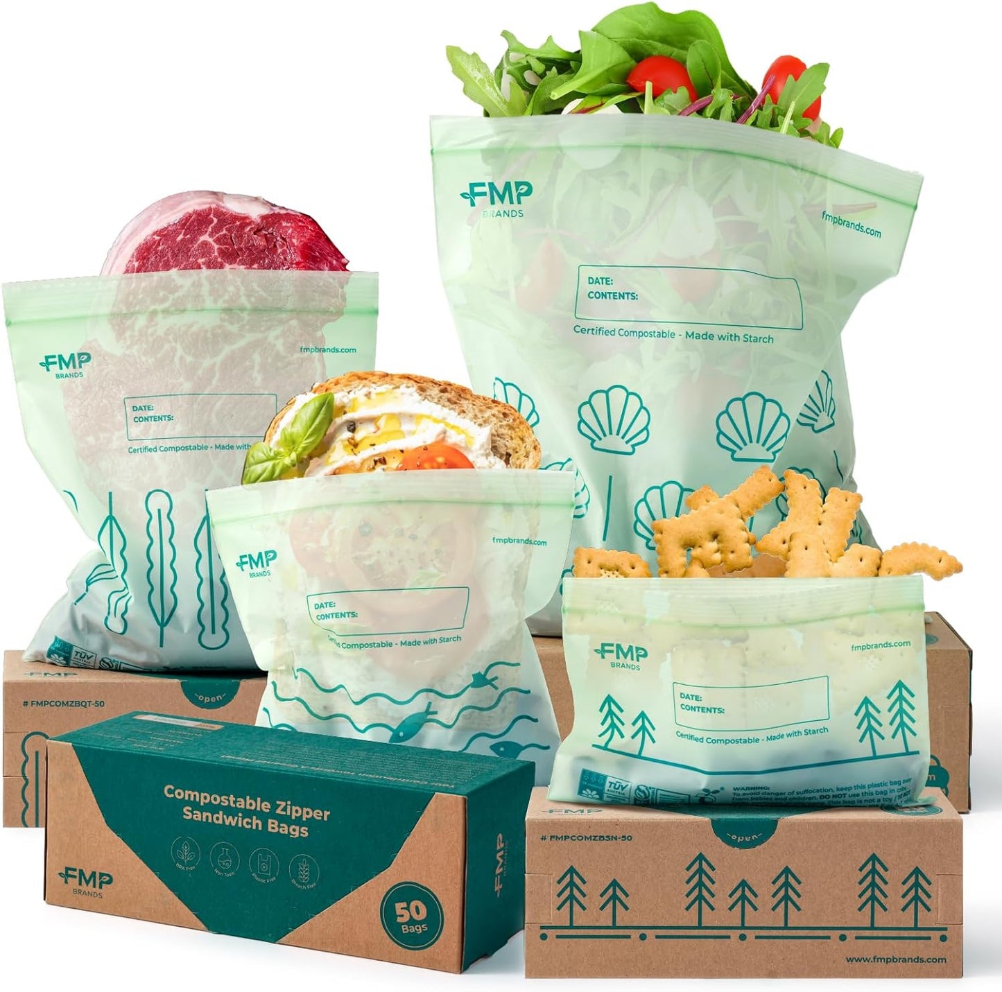 Fit Meal Prep 100% Compostable Food Storage Bags Set, Resealable Bags Plant-Based Freezer Bag for Food, ASTM D6400, US BPI & EU OK Compost Certified