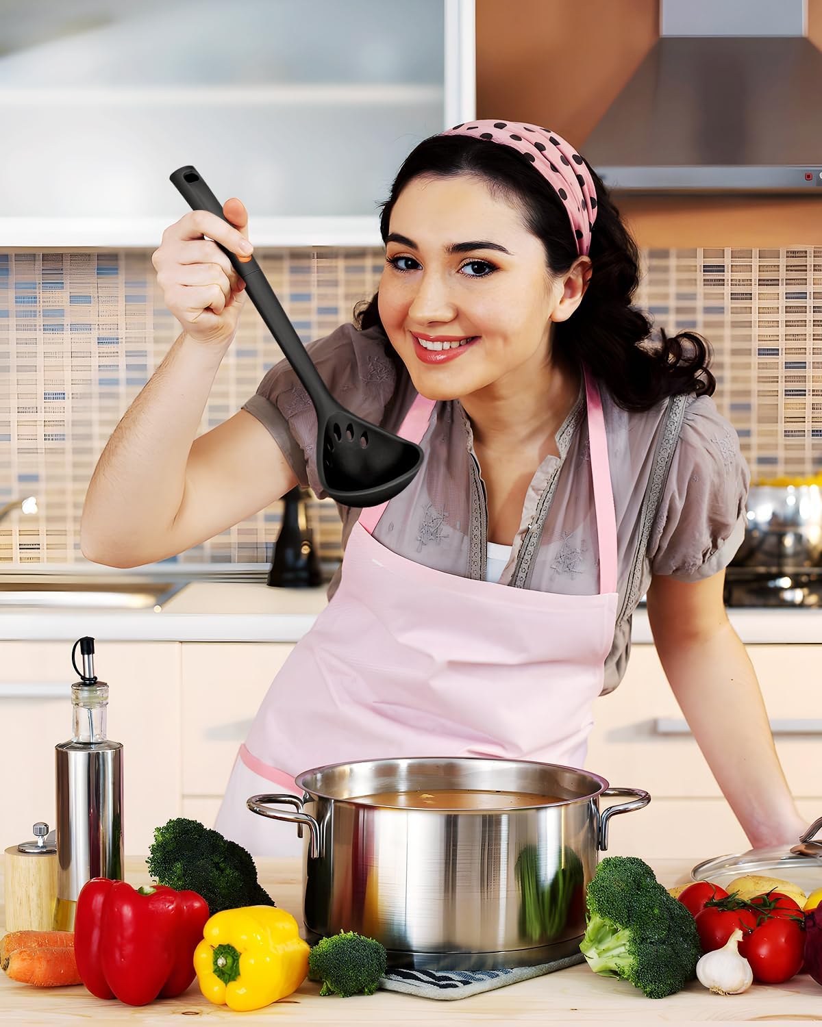 Silicone Pasta Fork and Ladle Spoon Set, Large Non Stick Kitchen Utensils for Cooking,Stirring,One Piece Serving Spaghetti, Soup, Sauce (BLACK)