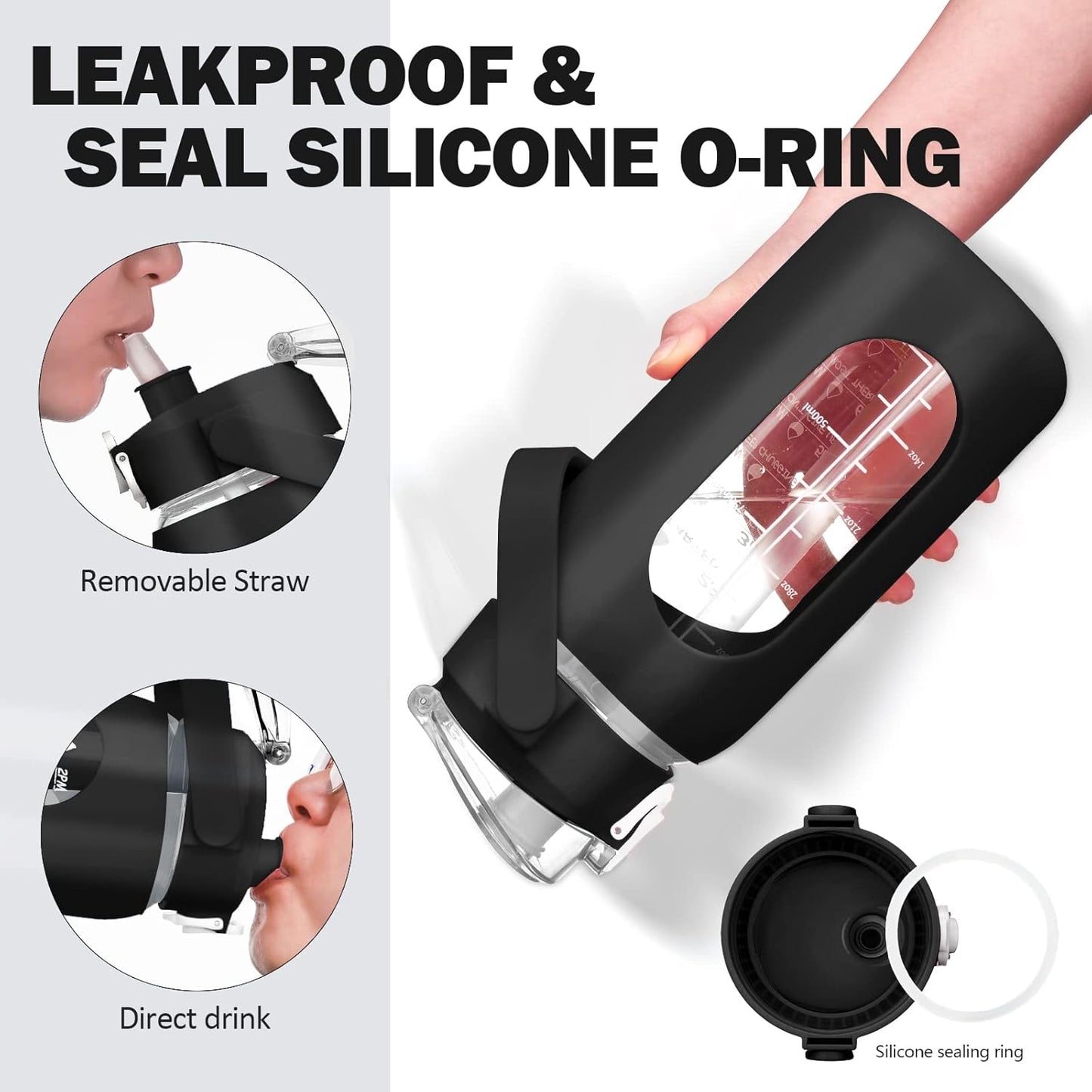 kytffu 64oz Glass Water Bottles with Straw, Half Gallon Motivational Glass Bottle with Silicone Sleeve and Time Marker, 2L Leakproof Large Glass Water Jug for Gym Home Office,Black