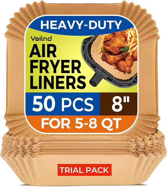 Air Fryer Paper Liners, 50 PCS Air Fryer Liners Disposable, 8" Square Baking Liner for 5-8 qt Airfryer Basket, Non-stick and Oil Proof Parchment Paper for Oven, Pans & Baking