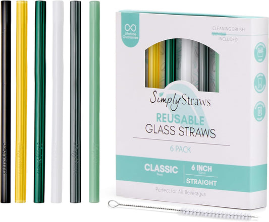 Simply Straws 6 Inch Glass Straws Straight (6-Pack) – Reusable Glass Straws for Low Balls & Stemless Glasses, with Cleaning Brush – Dishwasher Safe, Hot & Cold Use, BPA-Free (Fjord Mist)
