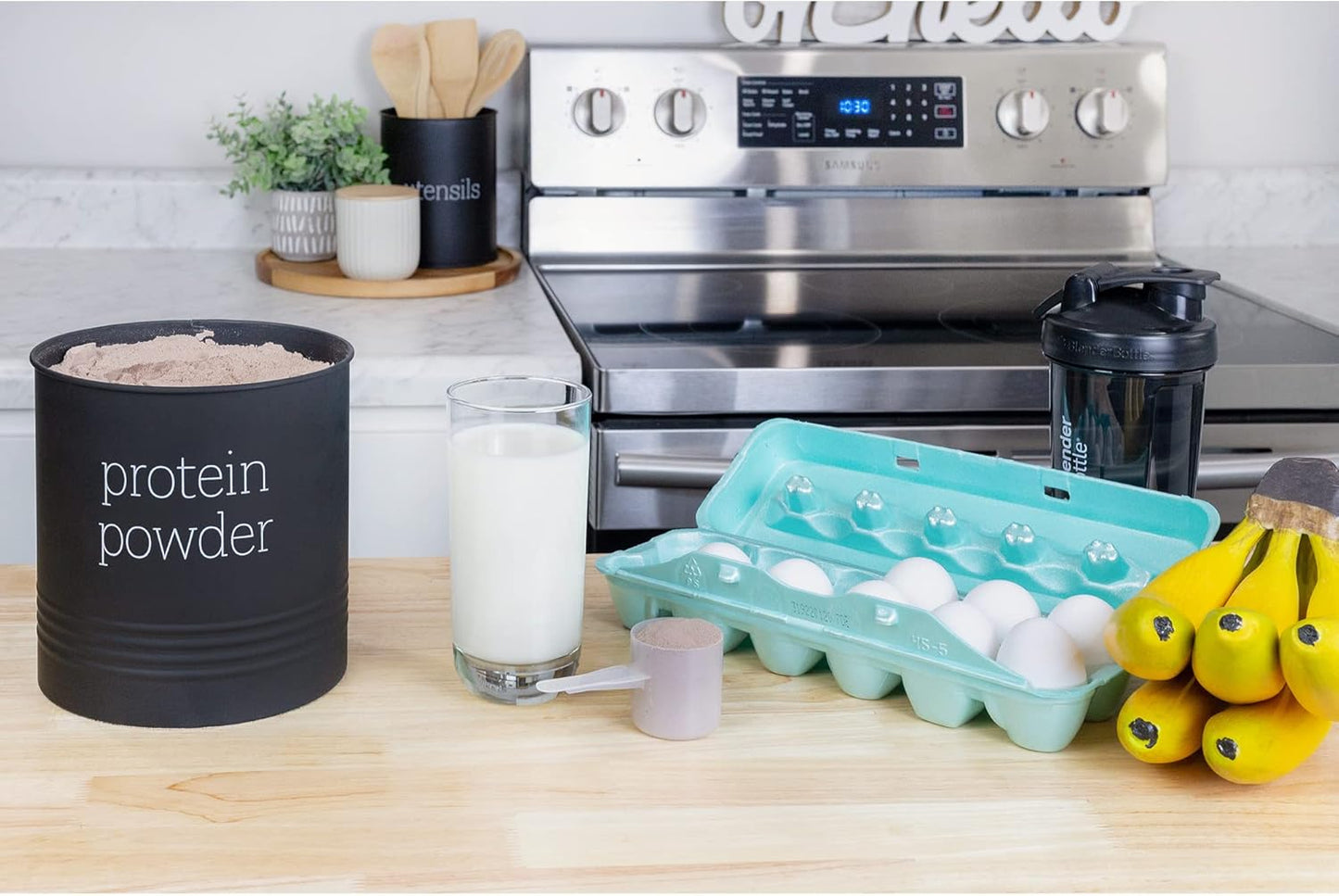 AuldHome Design Enamelware Protein Powder Canister (Black); Modern Farmhouse Style Storage for Kitchen