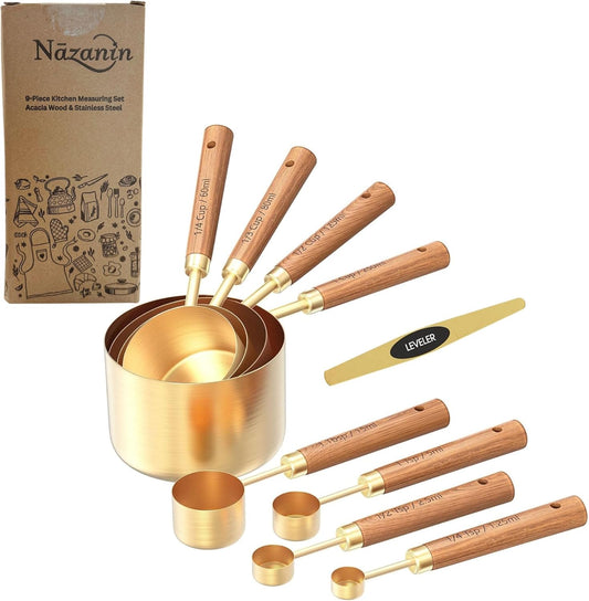 NAZANIN 9-Piece Gold Measuring Cups and Spoons Set – Acacia Wood & Gold Stainless Steel, Premium Baking Tools with Leveler for Kitchen, Cooking & Baking