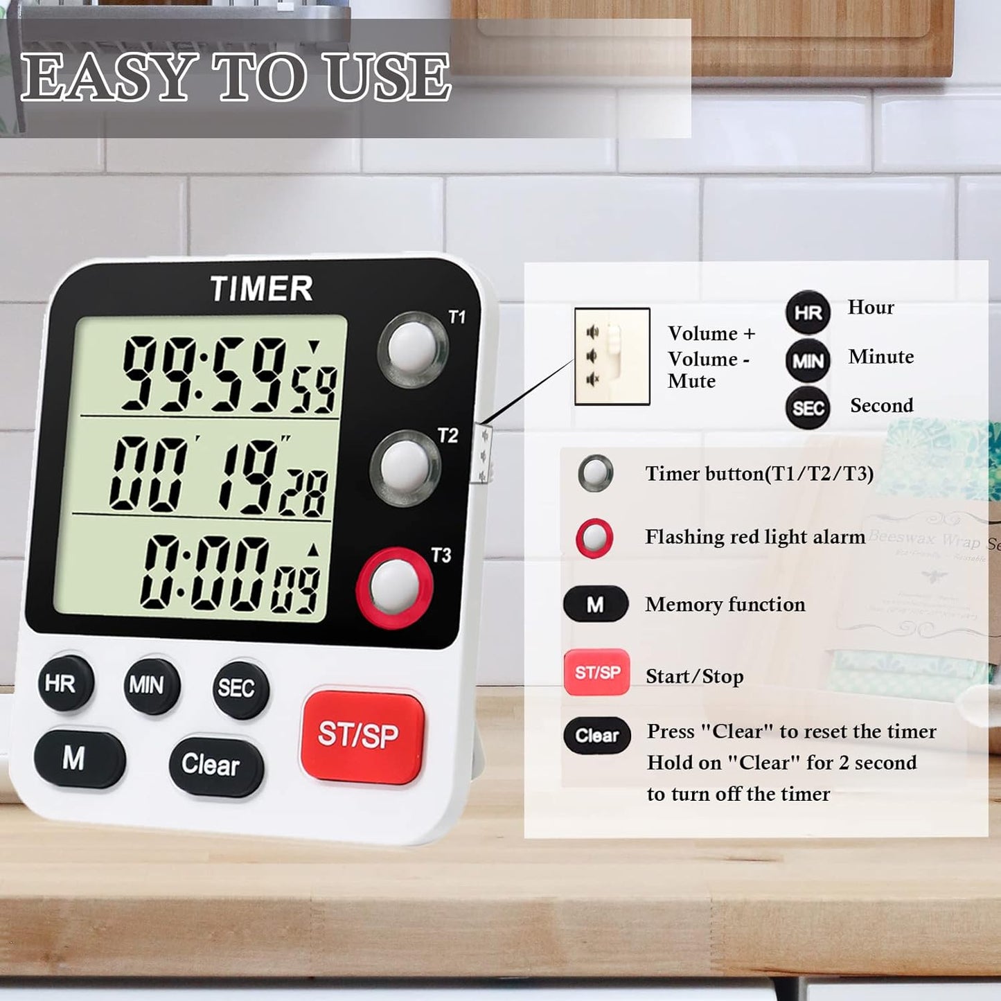 Digital 3 Channels Kitchen Cooking Multiple Timer with Large LCD Count Up Down Stopwatch ON Off Switch Timer for Teaching Reading 3-Level Adjustable Volume with Magnetic Back (Style C)