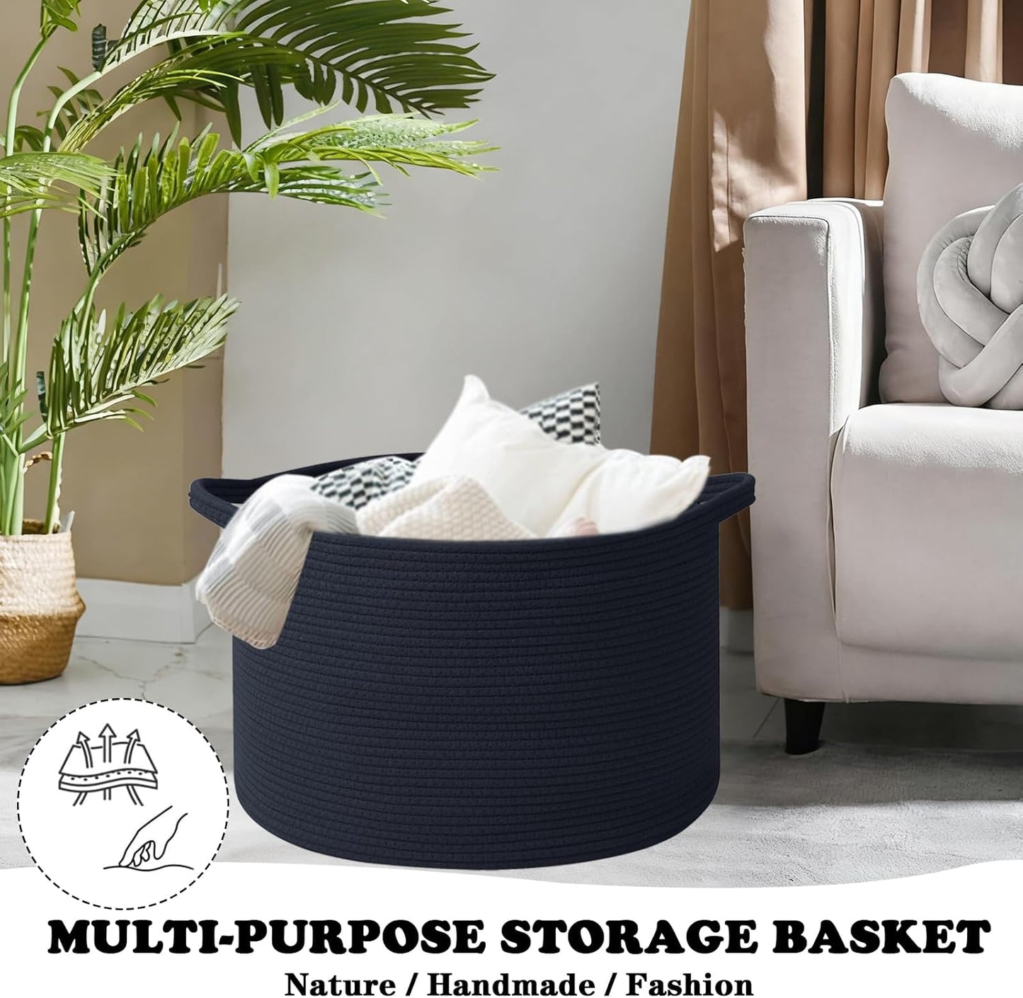 Large Blanket Basket for Organizing,115L Closet Organizers and Storage Bins Box for Shelves Woven Rope Storage Baskets,Living Room,Bedroom,Dorm,Laundry room (Navy)