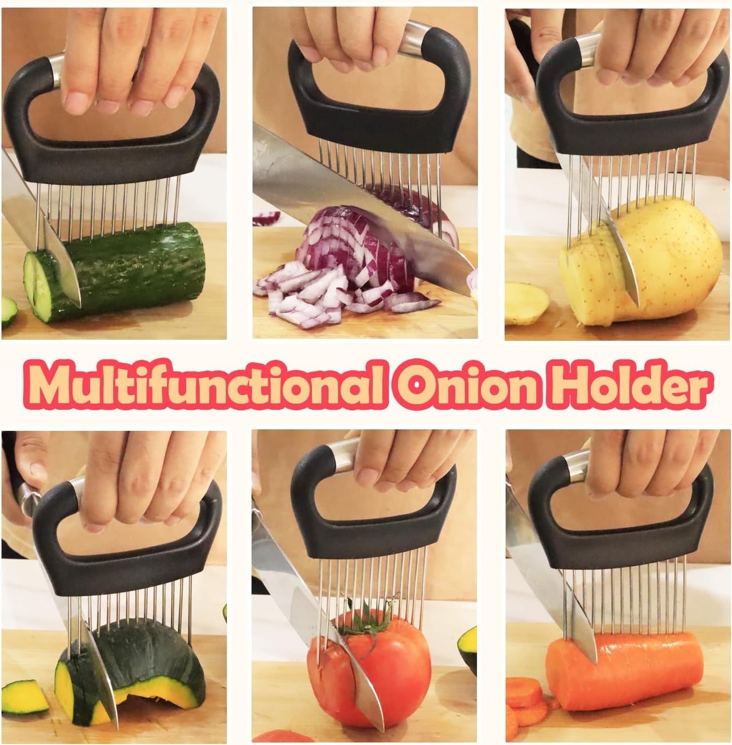Hendiy Onion Slicer Holder, Large Onion Holder for Slicing Stainless Steel Tomato Cutter Vegetable Slicer Cutter Holder for Potato and Avocados, Eggs, Assistant Tool for Slicing Lemon