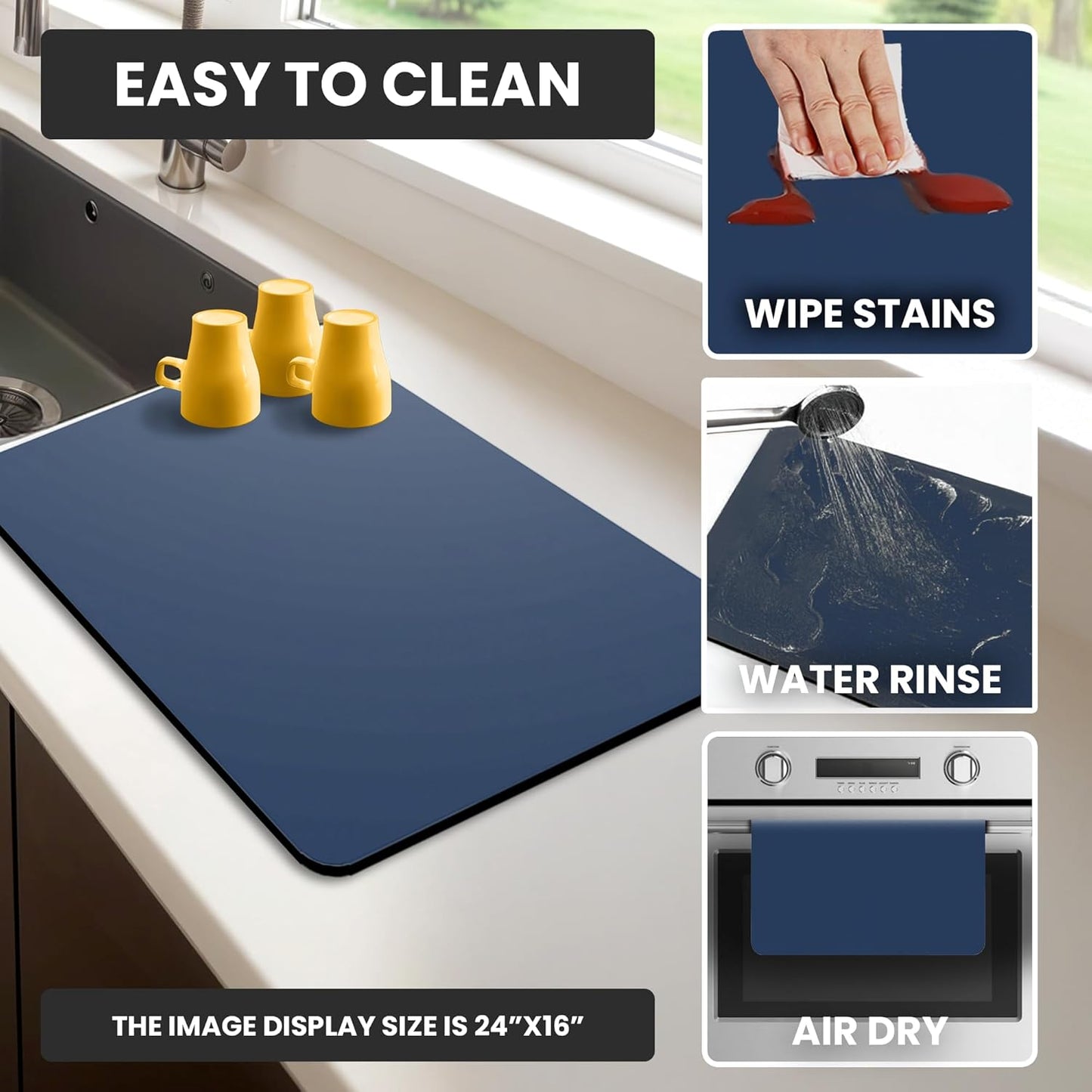 Dish Drying Mat Super Absorbent – 24" x 16" Coffee Mat for Countertops – Non-Slip Drying Mat for Kitchen Counter – Easy to Clean Water Absorbent Mat – Large Dish Drying Mats (Navy Blue)