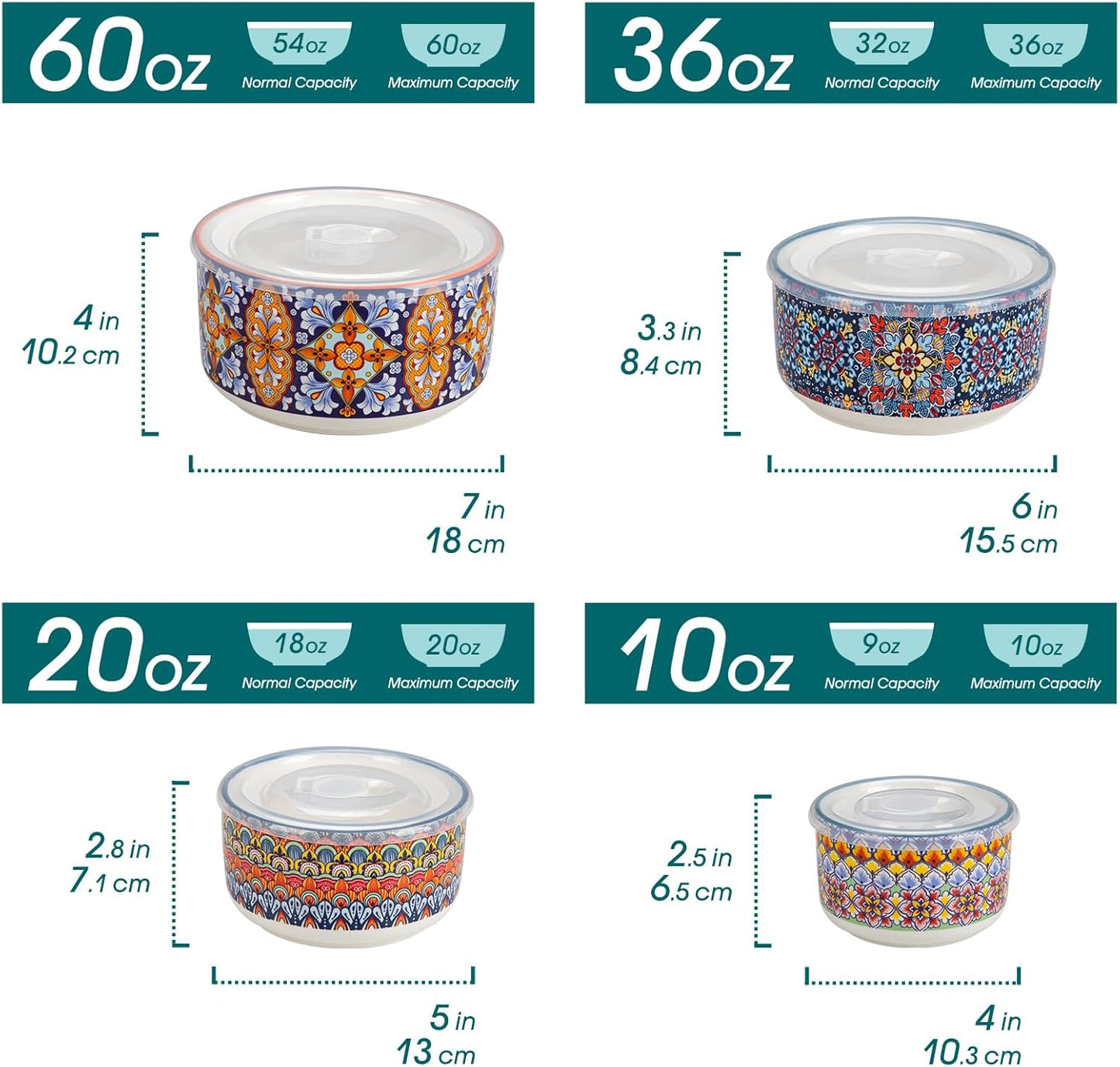 vancasso Mixing Bowls with Lids Set of 4, Ceramic Nesting Bowls Serving Bowl for Food Storage, Microwave and Dishwasher Safe, 60/36/20/10 OZ, Series SIMI