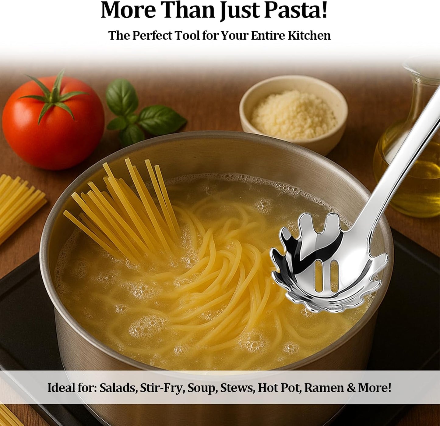 Stainless Steel Pasta Spoon with Teeth Pasta Server & Spaghetti Spoon with Drain Holes for Noodles, Pasta, Cooking & Serving (Silver)