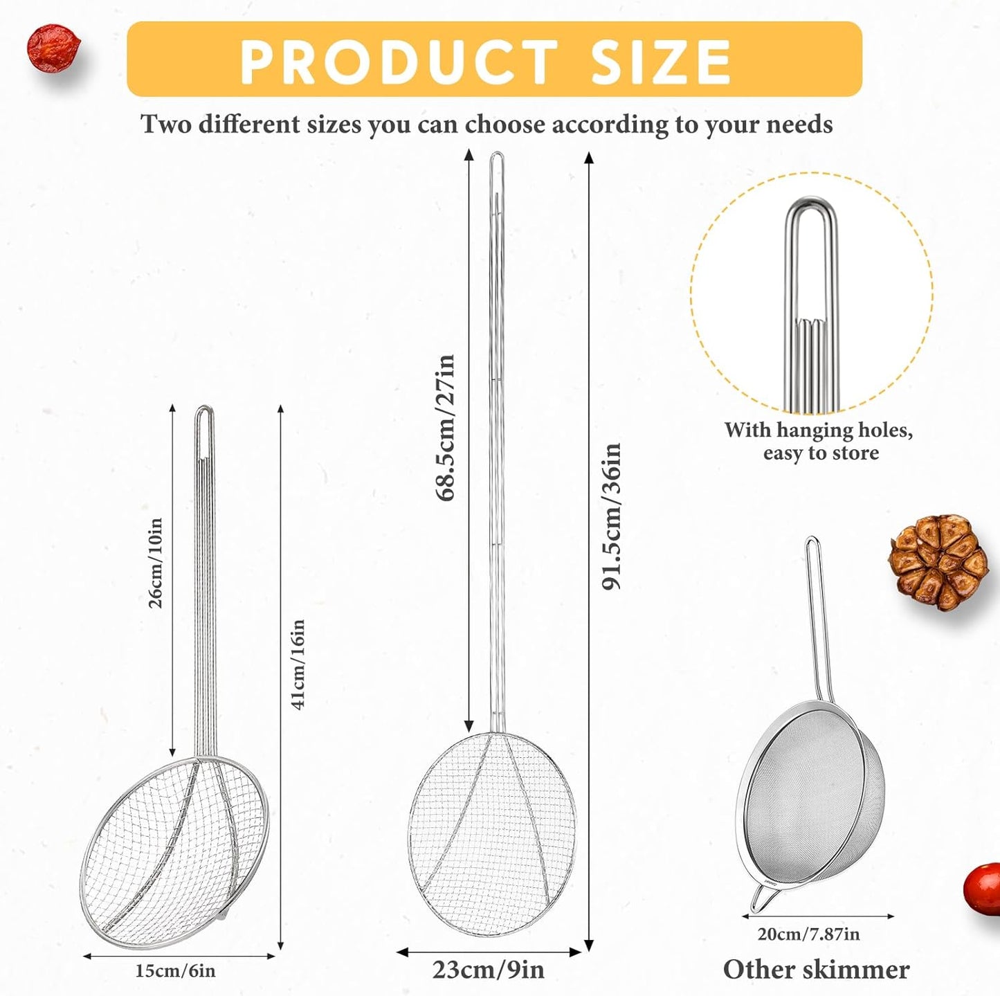 Baderke 2 Pcs 16 Inch Stainless Steel Skimmer Round Plated Wire Strainer Fryer Spoon Mesh Stirring with Long Handle for Kitchen Fried Food Cooking Straining Frying