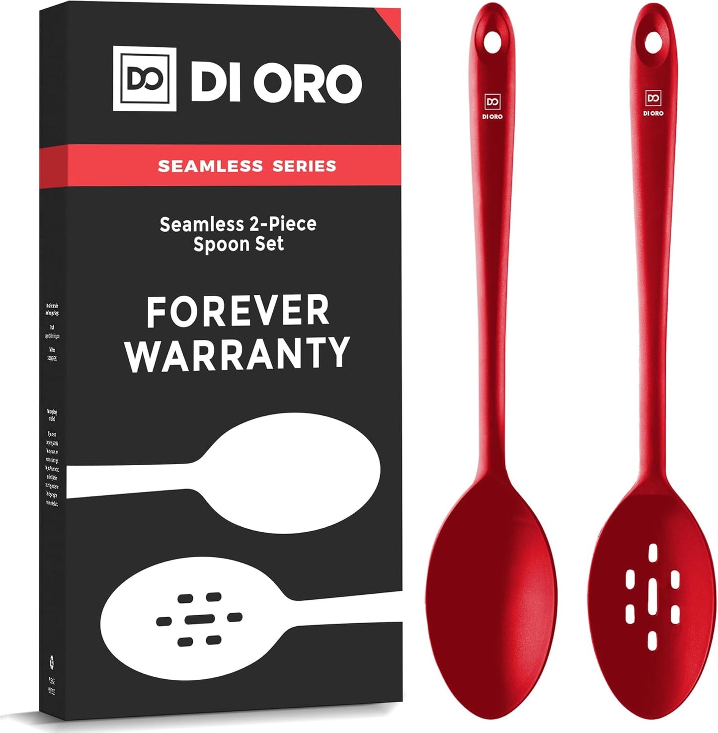 DIORO Silicone Mixing & Serving Spoons - Large Heat-Resistant Non Stick Utensils Big Solid & Slotted Basting & Stirring Spoons - Dishwasher Safe (2pc, Red)