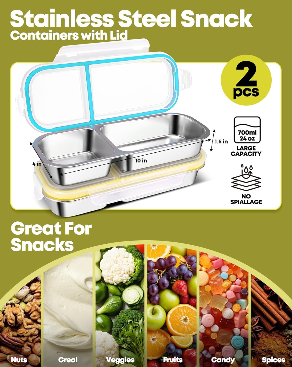 2Pack Stainless Steel Snack Containers for Kids Adults, Reusable 2 Compartment Snackle Box Container with Leakproof Lids Metal Bento Lunch Boxs Food Storage Containers for Travel Picnics Office School