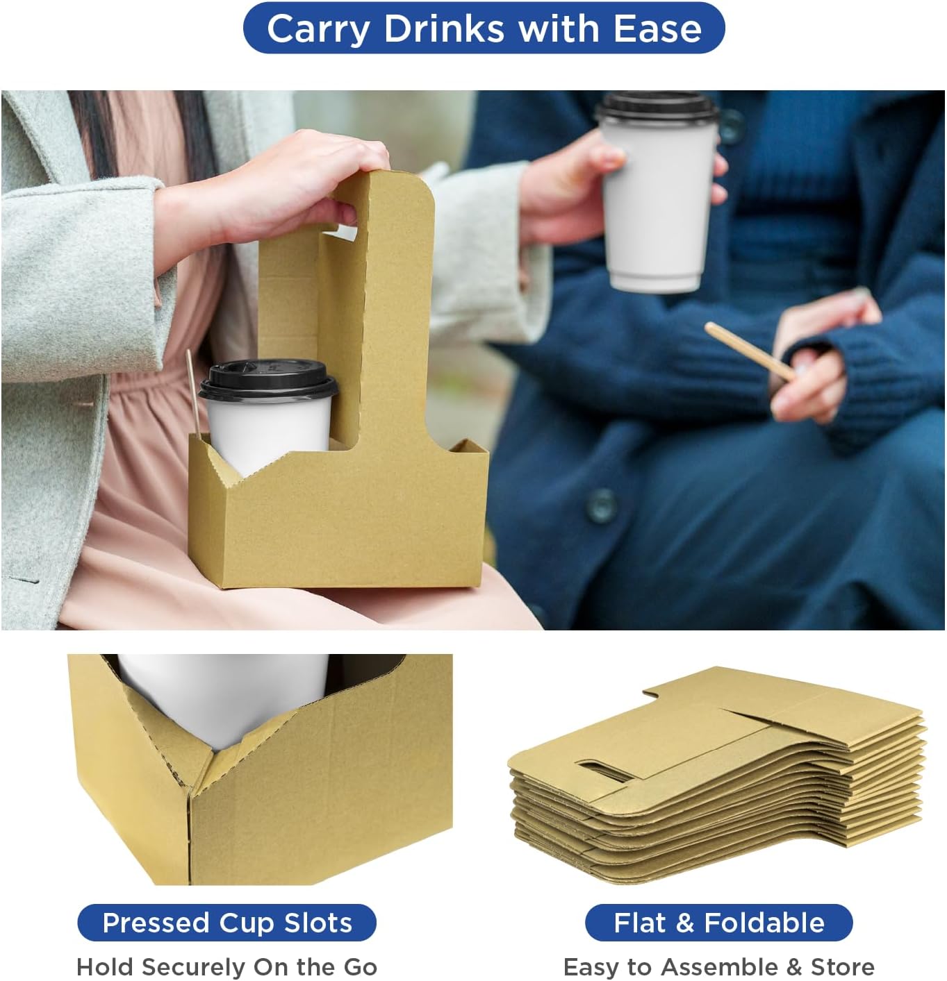 Karat Paperboard Drink Carrier with Handle - Sturdy Kraft Coffee Cup Carrier for Hot/Cold Beverages, Fits 10-32 oz Cups - Eco-Friendly, Disposable to-Go Drink Holder (2-Cup)