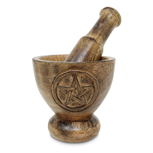 Pentagram Design Wooden Mortar & Pestle Set - Herb Grinder, Pill Crusher, Molcajete 4 inch High by 4" inch wide top, base 2.5" inch Dual Side Pentacle Design Handcarved by New Age Imports, Inc.