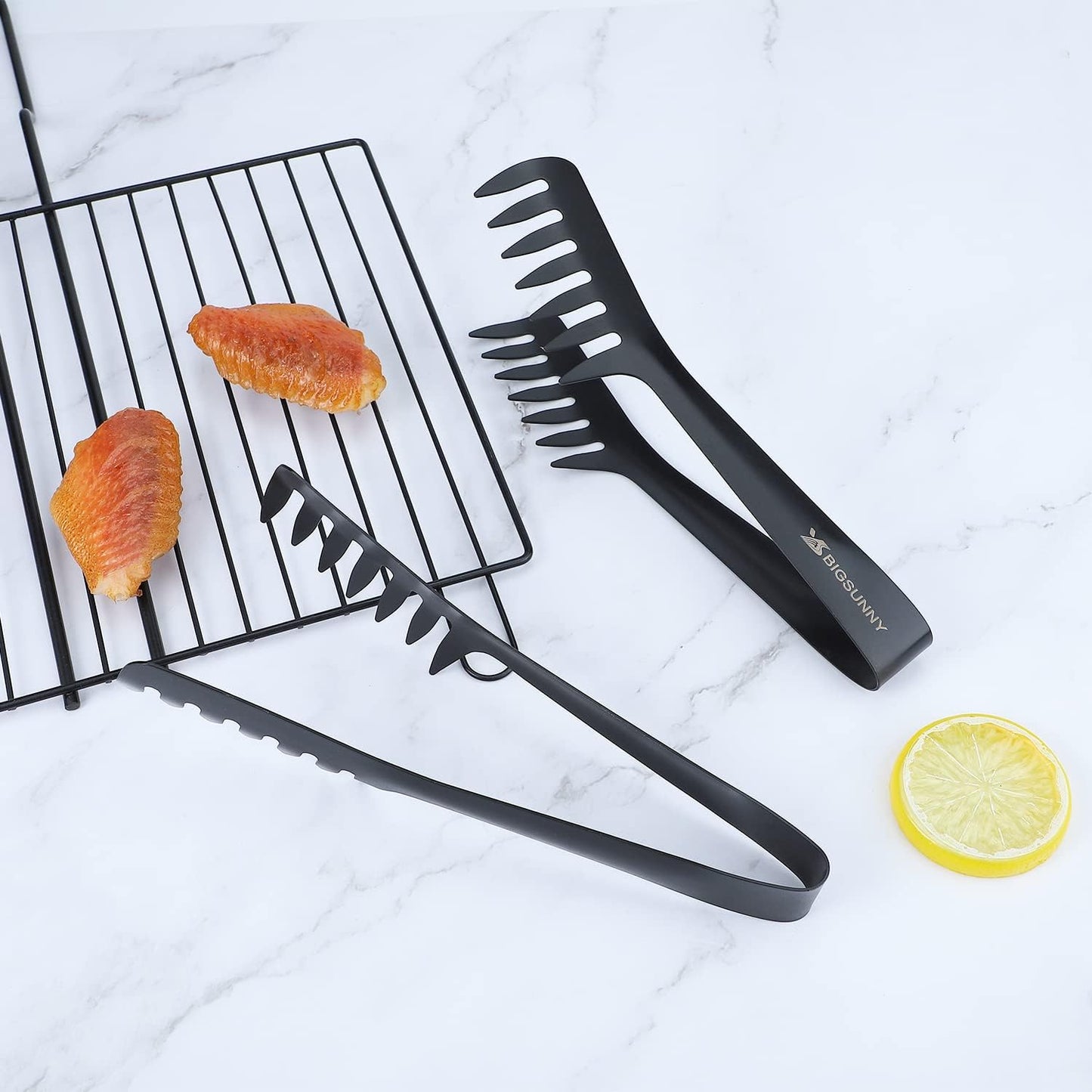 MSY BIGSUNNY 8-Inch Pasta Tongs, Stainless Steel Food Serving Tongs, Rust-Proof Spaghetti Tongs (Set of 2, Black)