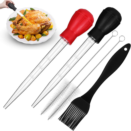 Boao 5 Pieces Nylon Heat-Resistant Turkey Baster Cooking Set Includes Meat Baster, 1 Silicone Basting Brush and 2 Cleaning Brush for BBQ Grill Baking Kitchen Cooking Thanksgiving(Black, Red)