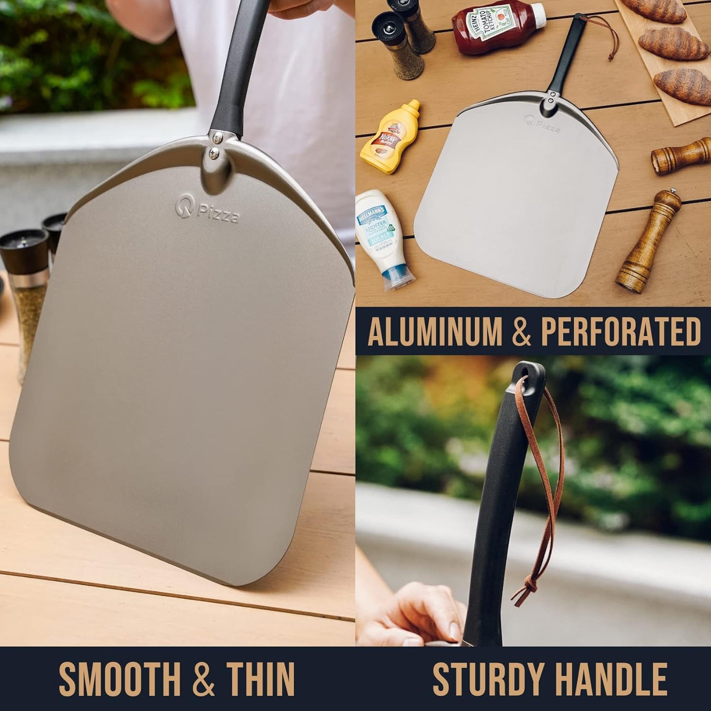 Q Pizza Aluminium Pizza Peel - 12" Metal Pizza Turning Paddle for Grill Oven - Pizza Spatula for Baking Bread Pastry Dough Pie & Cake, Pizza Accessory PT200