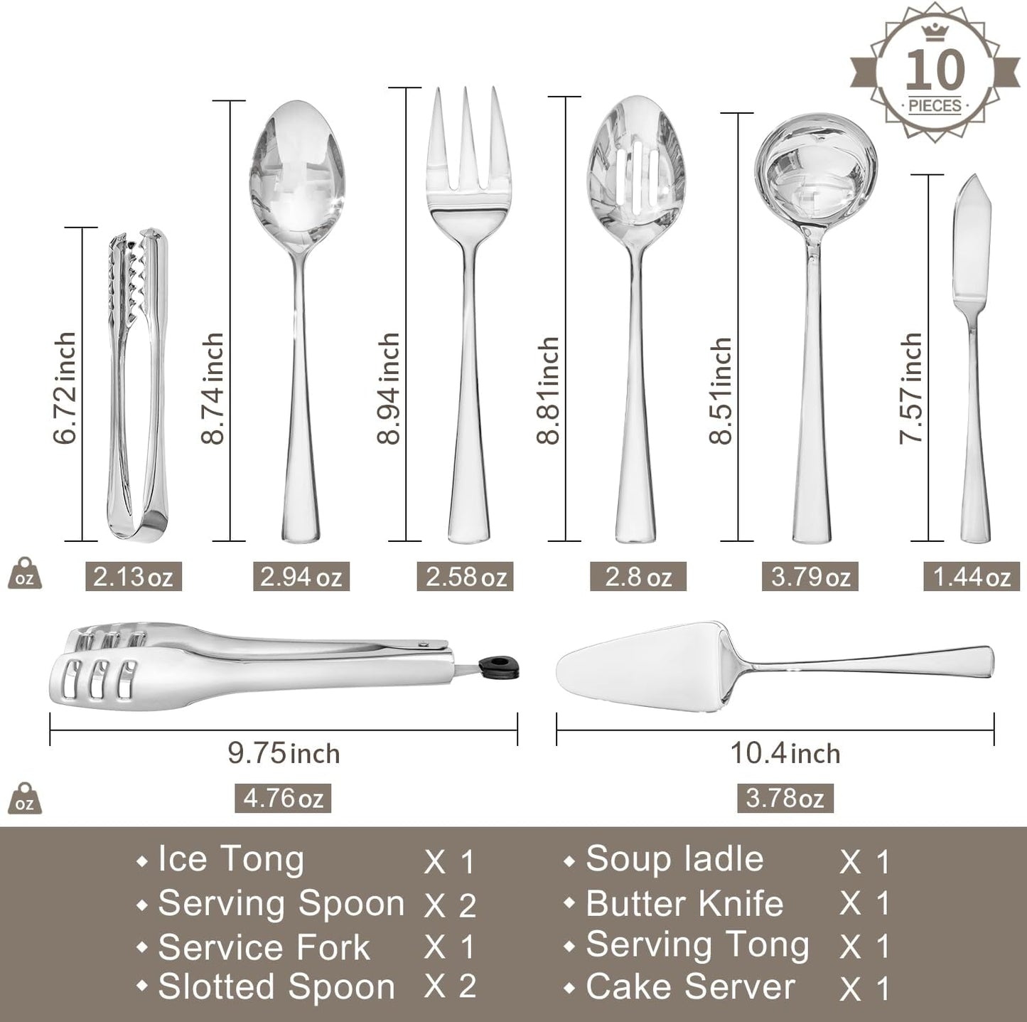 KINGSTONE 10 Piece Serving Utensils Set, 18/10 Stainless Steel Serving Utensils, Slotted Spoon, Fork, Tong, Soup Ladle, Cake Server, Butter Knife and Ice Tong for Buffet, Parties, Kitchen,Entertaining