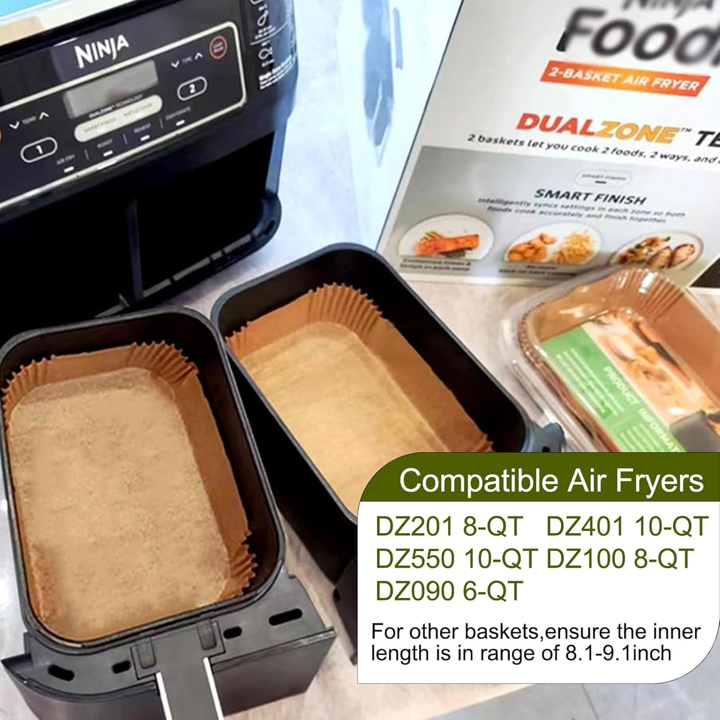Air Fryer Liners for Ninja Dual, Air Fryer Parchment Paper Liners Disposable for Ninja DZ201, Ninja Foodi Liners, Disposable Ninja Dual Rectangular, AirFryer Paper Liners Rectangle Accessories Ninja