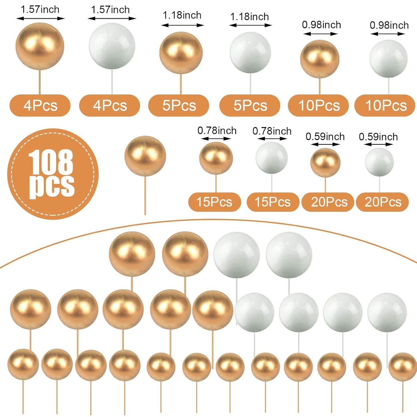 108 Pcs Balls Cake Topper DIY Cupcake Insert Foam Balloons for Cake Baking Wedding Anniversary Birthday Decoration(White, Gold,Multi Sizes)
