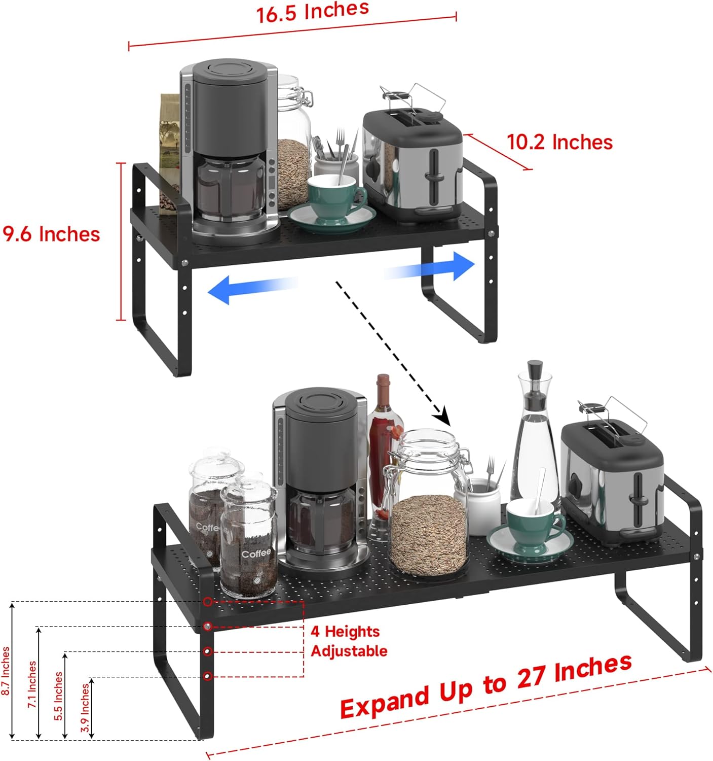 Expandable Cabinet Shelf Organizer Adjustable Metal Spice Rack Stackable Freestanding Counter Storage Shelves for Kitchen Cabinet Under Sink Office Desk (Black - 1Pack - L16.5-27'' * W10.2'' * H9.6'')