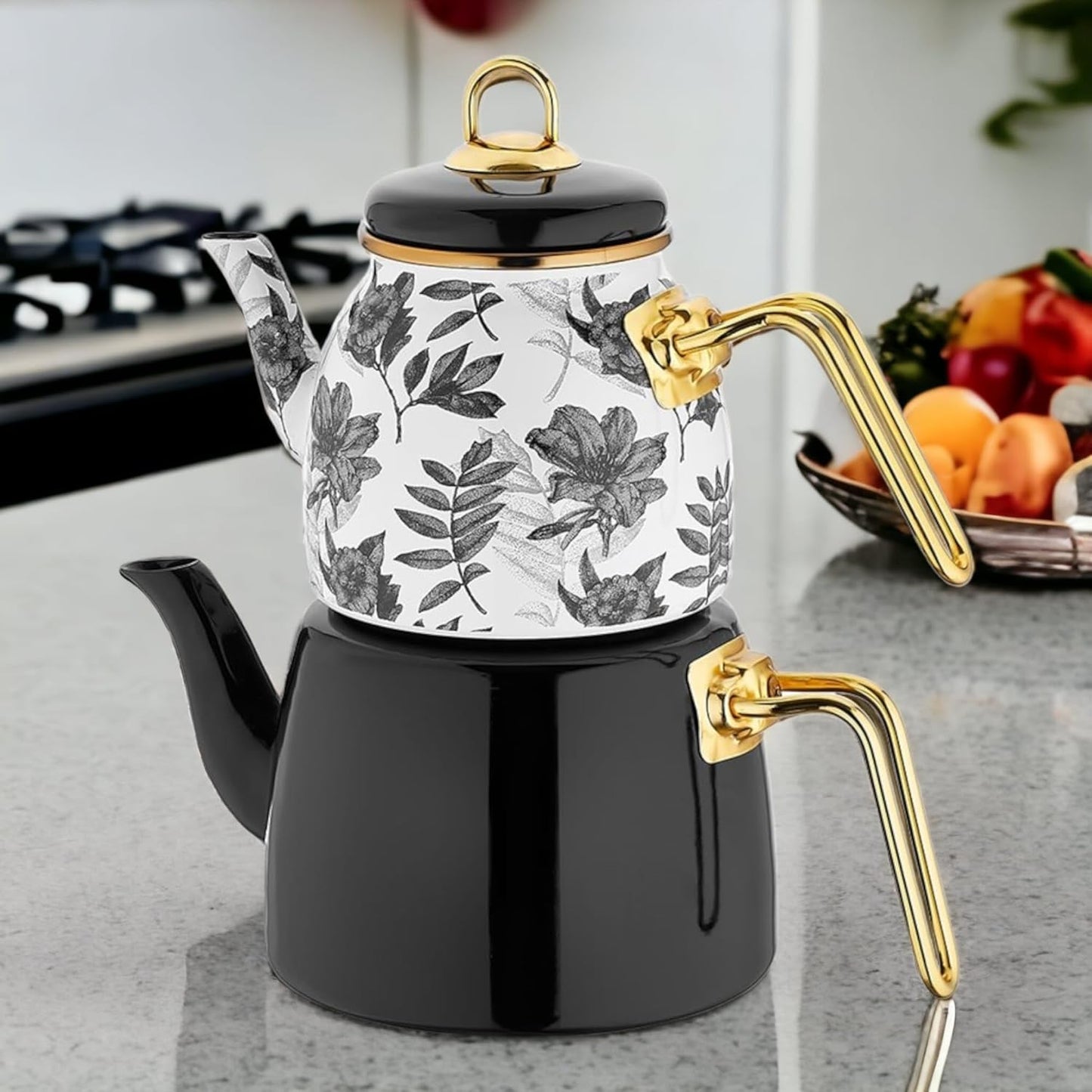 Vintage Turkish Teapot Tea Pots Kettle Set for Stovetop Stove Top Decorative Infuser Party Cups Glasses Floral Unique Boiler Samovar Strainer Loose Leaf Kitchen Style Enamel Decor (White-Black)