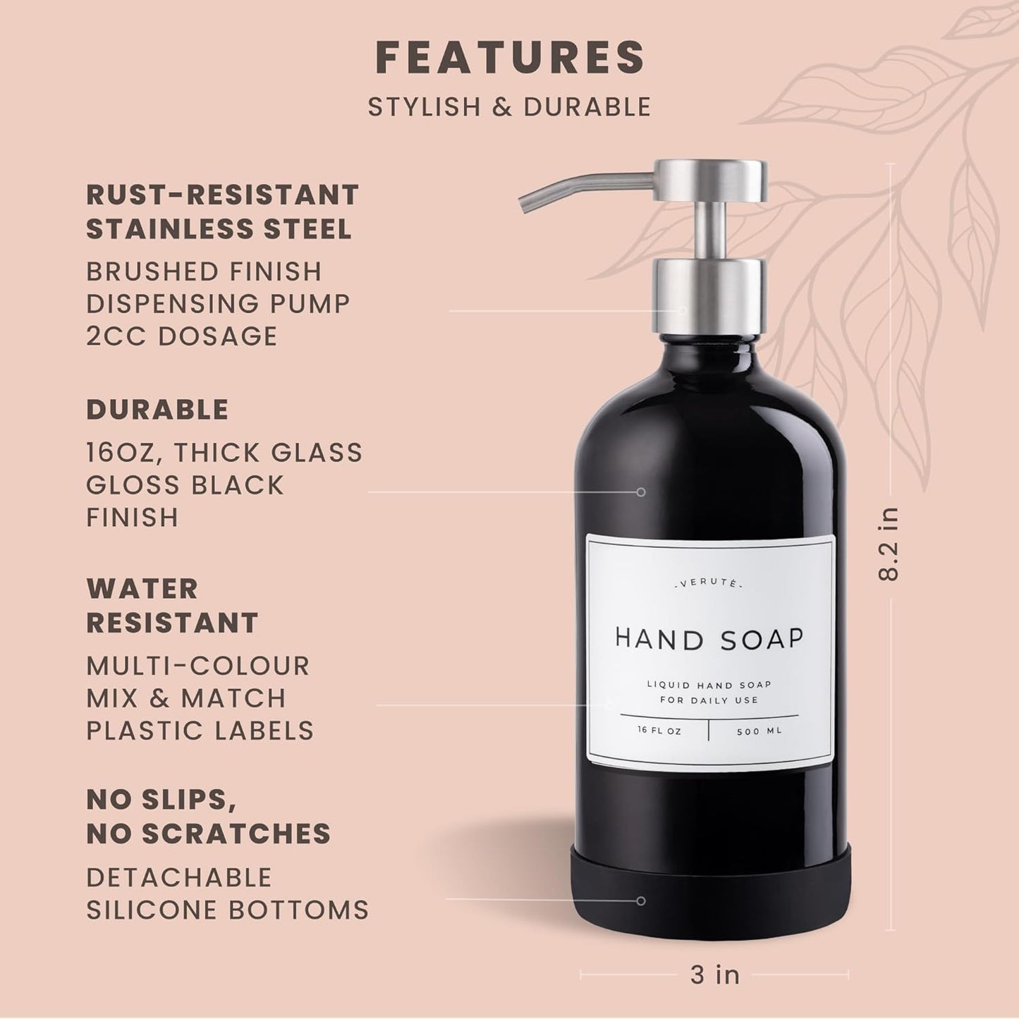 16oz Glass Soap Dispenser with Stainless Steel Pump, 21 Waterproof Labels, Non-Slip Protective Silicone Pad, Set of 2 for Bathroom & Kitchen (Gloss Black Bottle/Brushed Silver Pump)