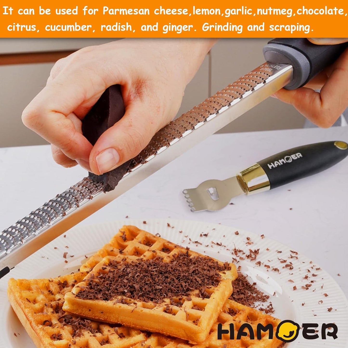 Zester Grater & Channel Knife Kitchen Bar Tool Set for Parmesan Cheese Lemon Garlic Nutmeg Chocolate Citrus Cucumber Radish Ginger Crushed Scraping Rubber Ergonomic Curved Handle Black