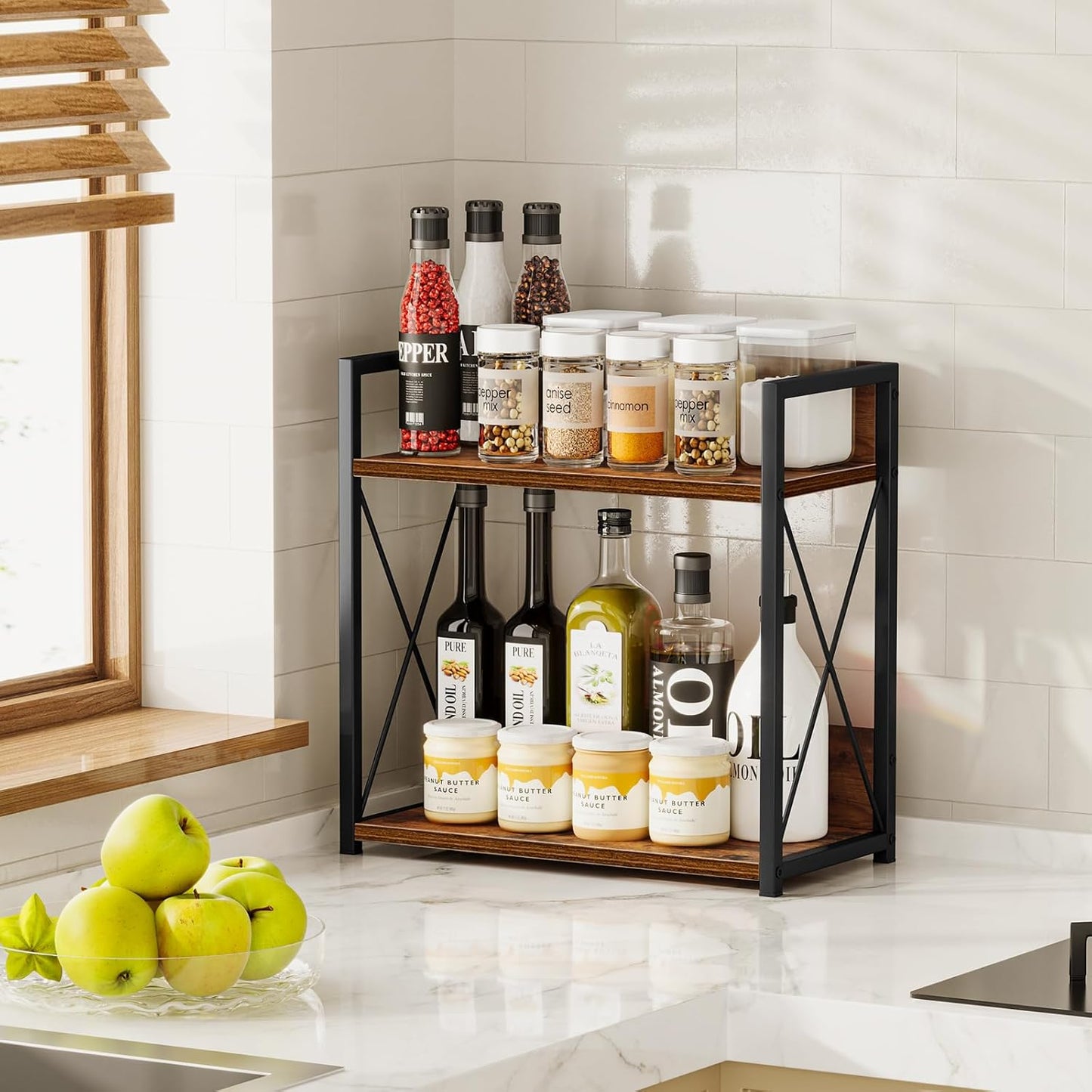 Giikin Kitchen Counter Shelf, Kitchen Countertop Organizer, 2 Tier Spice Rack for Counter, Wood Coffee Bar Organizer for Coffee Station (Brown, L)