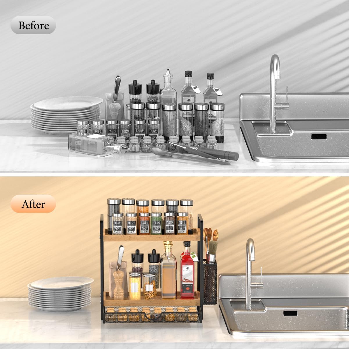 2 Tier Spice Rack Organizer for Countertop with Drawer and Basket, Suitable for Coffee Organizer, Kitchen Counter Storage, Bathroom Storage