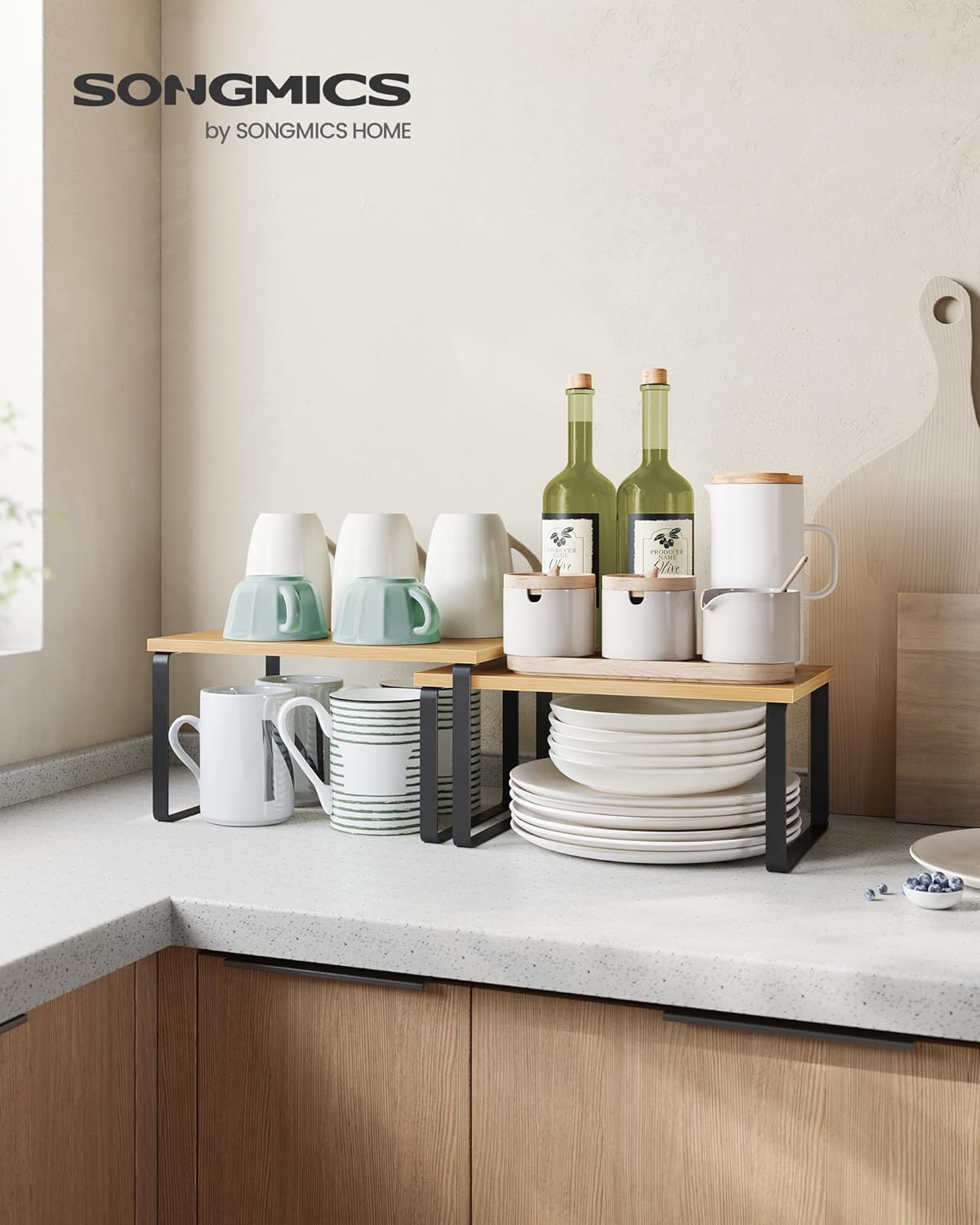 SONGMICS Cabinet Organizer Shelf, Set of 2 Kitchen Counter Shelves, Kitchen Storage, Spice Rack, Stackable, Expandable, Metal and Engineered Wood, Ink Black and Natural Beige UKCS02NB