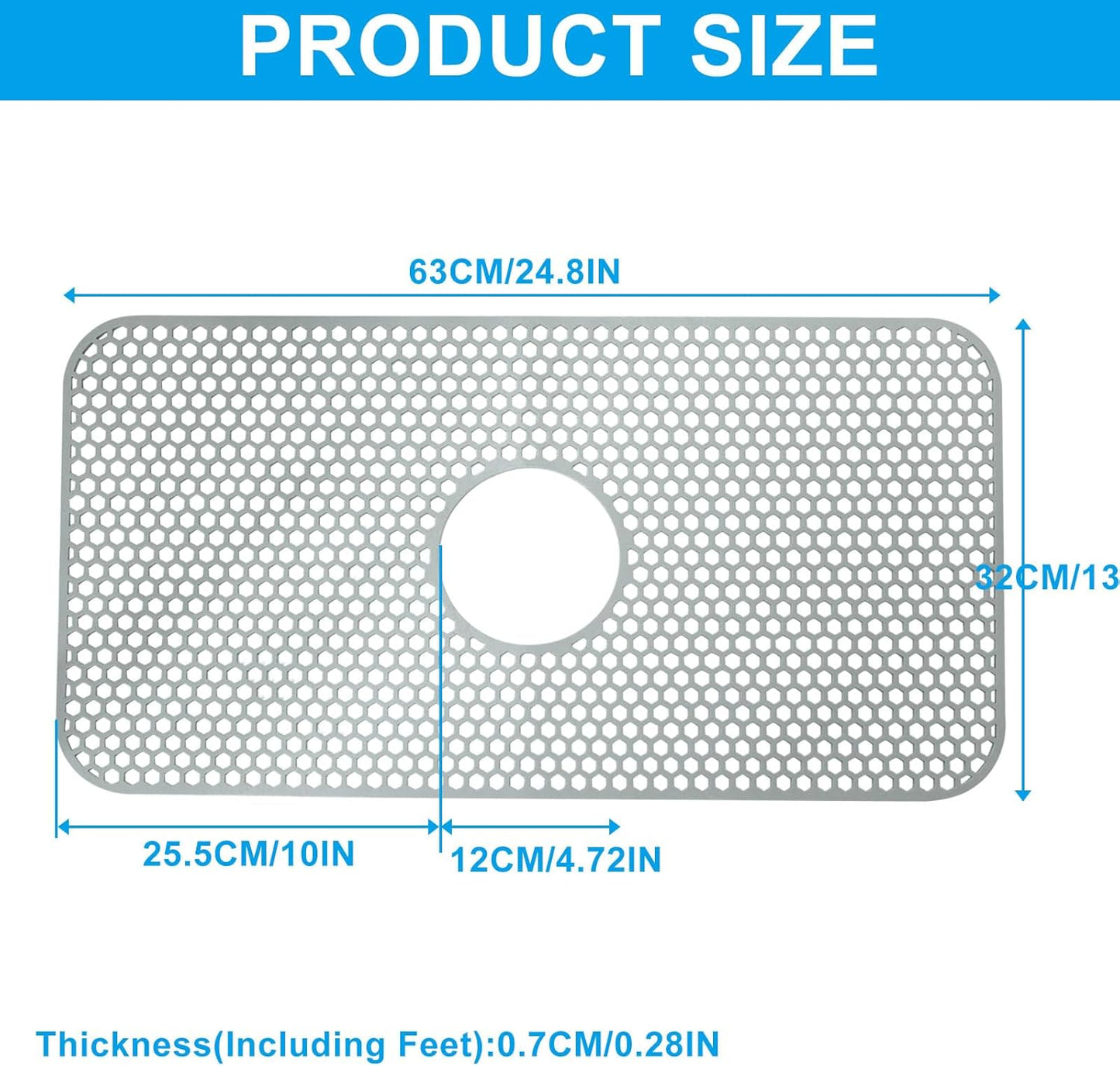 1 Pack Silicone Sink Mat, Center Drain Non-slip Sink Protectors Large Kitchen, Heat Resistant Mat Liner for Farmhouse Stainless Steel Porcelain Bottom