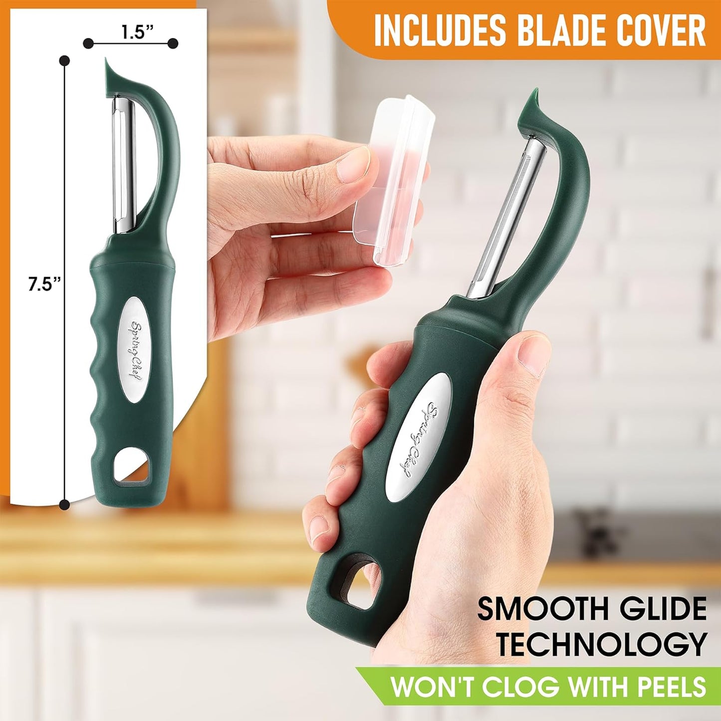 Spring Chef Professional Swivel Vegetable Peeler for Kitchen, Stainless Steel Potato Peeler with Comfortable Handle, Great for Apple, Veggie, Carrot, Cucumber - Dishwasher Safe - Pine Green