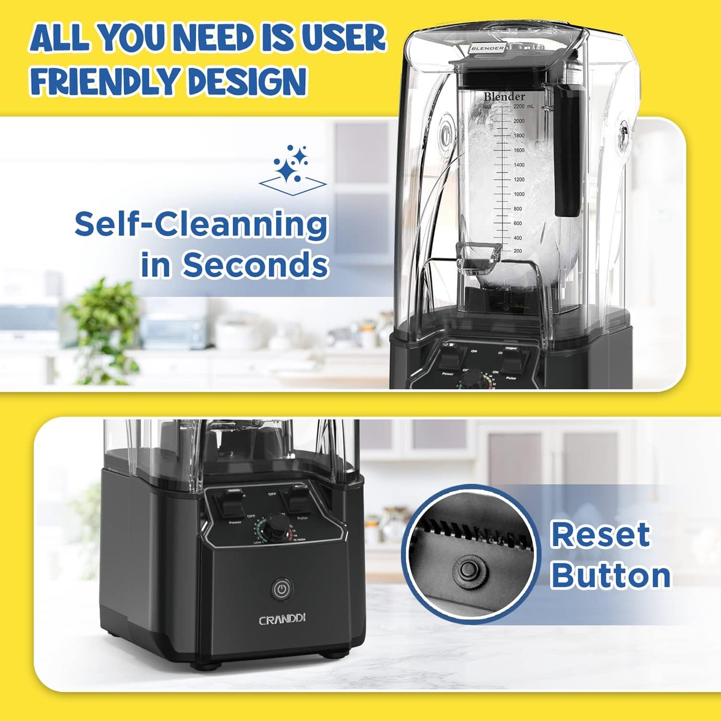 CRANDDI Quiet Commercial Blender with Soundproof Shield, 2200 Watt Professional Blenders for Kitchen with 80oz Jar and Self-Cleaning, High-Speed Blenders K90 Grey