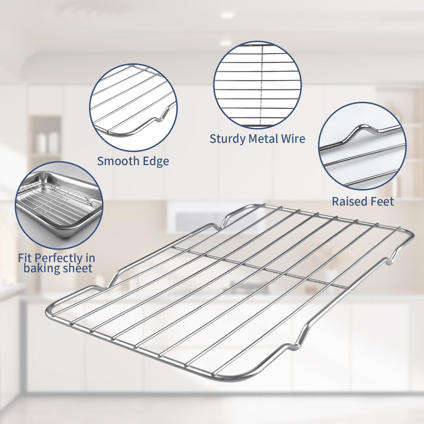 Sheet Pan with Cooling Rack Set [2 Baking Sheets + 1 Baking Rack], Stainless Steel Cookie Sheets for Baking and Wire Rack, Warp Resistant, Heavy Duty, Rust Free, Size 12.4 x 8.46 x 1.77 Inch