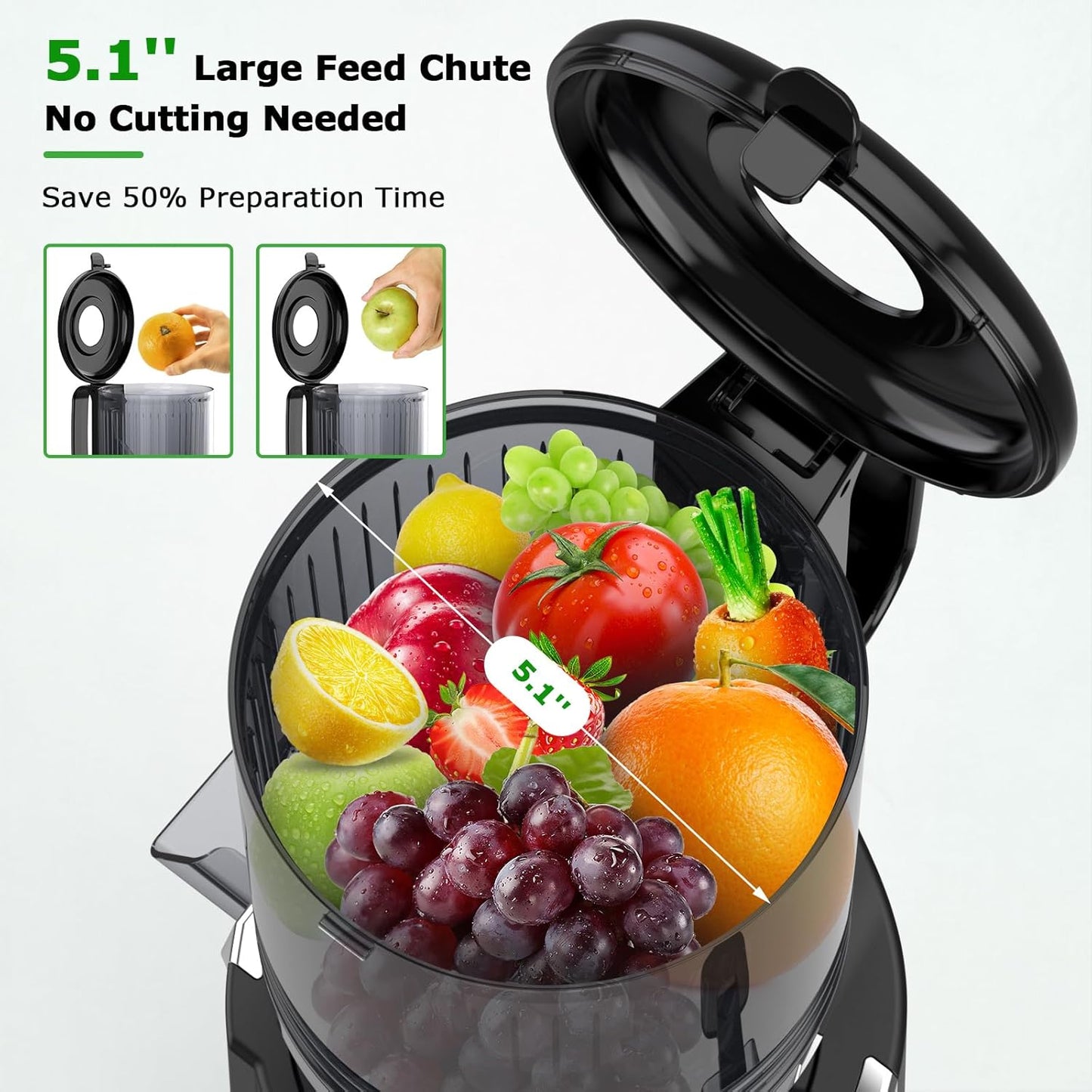OMMO Cold Press Juicer Machines: 5.1" Wide Chute for Whole Fruits & Veggies, BPA Free Slow Juicer Easy Clean, Beep Alert, Slow Masticating Juicers for Moms/Families/Fitness/Juice Life/Healthy Living