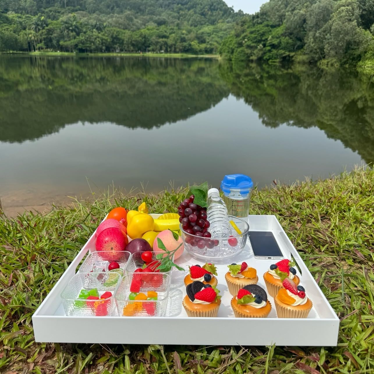 White Modern Acrylic Ottoman Tray with Cutout Handles 20x20 Inch Over-Sized Serving Tray Organizer Rubber Boot Tray Decorative for Living Room Bedroom,Bathroom and Entryway Kitchen