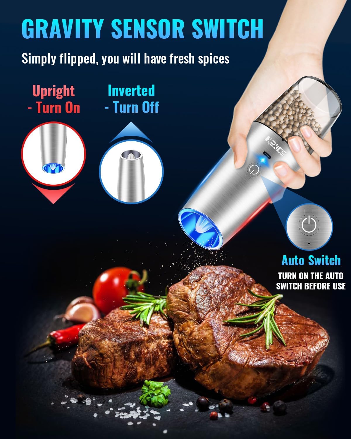 Rechargeable Electric Pepper and Salt Grinder Set, No Battery Needed, whit Gravity Sensing Switch and LED Light, One Hand Automatic Operation, Sliver, 2 Pack