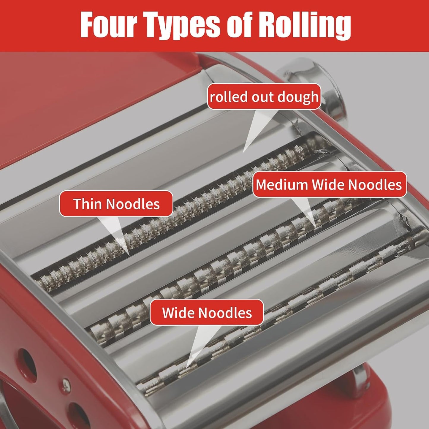 Pasta Maker Machine-6 Adjustable Thickness Settings, Adjustable Clamp, stainless steel Construction for Spaghetti, Fettuccini, Lasagna, Dumpling Skins (Red pasta maker)