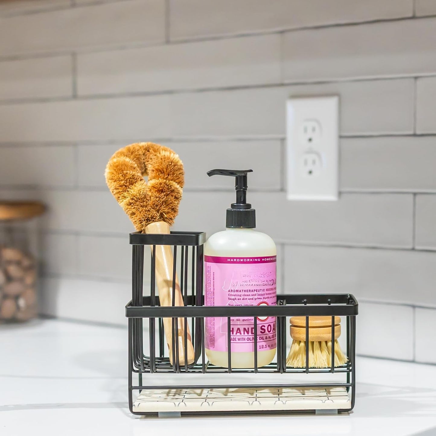 OKIEDOKIE ARTICHOKIE Kitchen Sink Caddy Organizer – With Self-Drying Stone, Multi-Purpose with Sponge & Dish Brush Holder, Compact Sink Sponge Holder for Kitchen Countertop