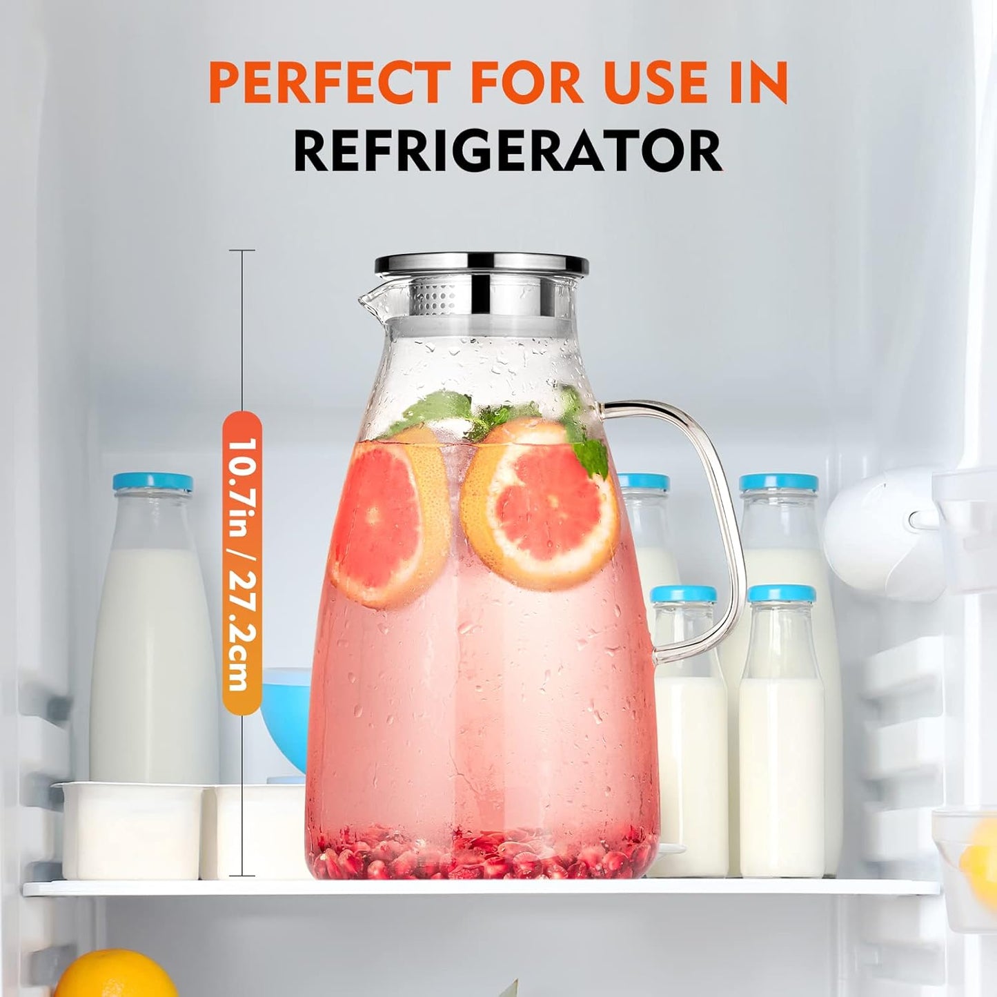 Aofmee 100 Oz Glass Pitcher, 3L Water Pitcher with Lid, Iced Tea Jar with 304 Stainless Steel Lid and Spout, Heat Resistant Jug for Sun Tea, Water Carafe for Cold or Hot Beverage Serveware Juice